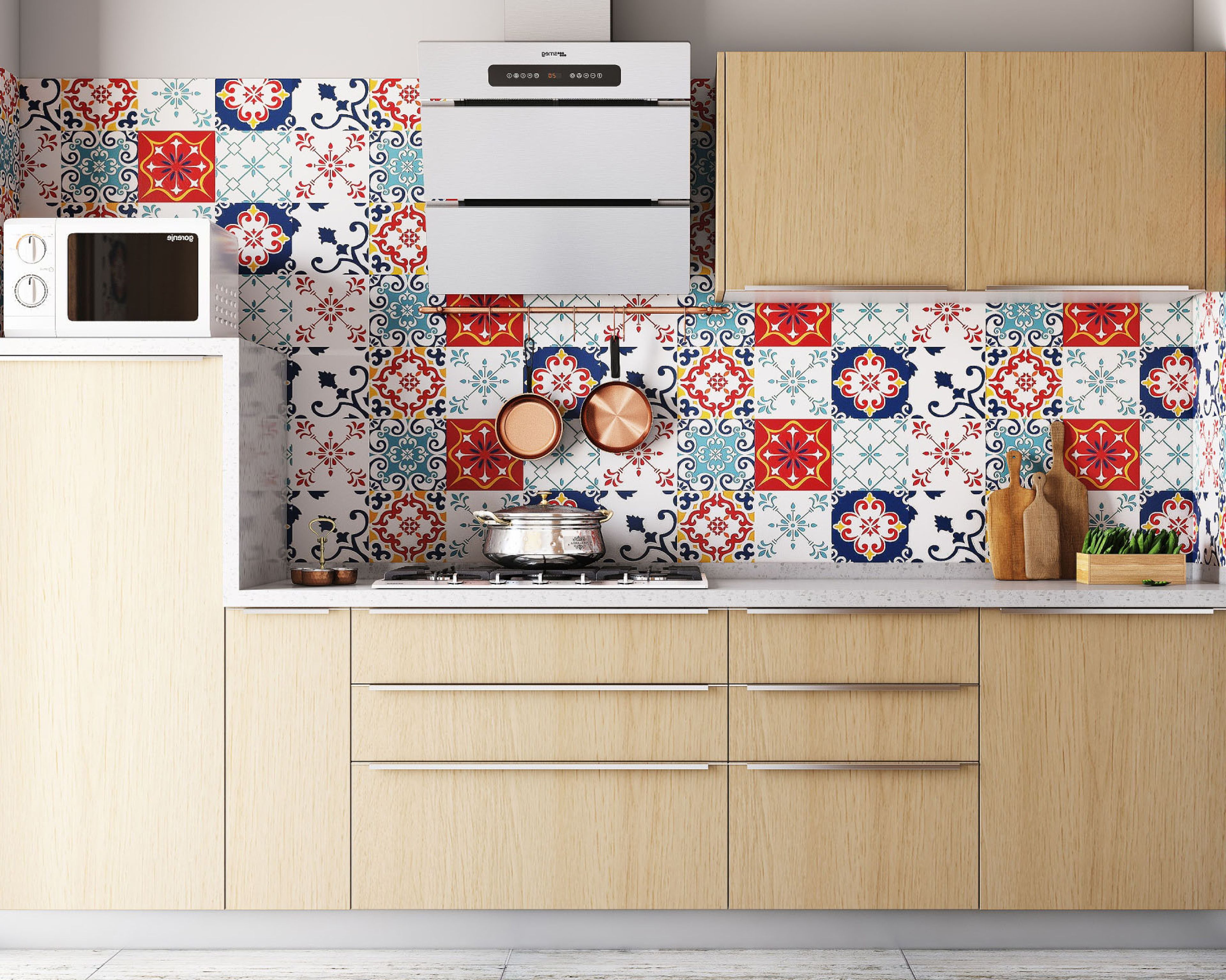 Parallel Modular Kitchen Design with Moroccan Tiles and Quartz Countertop