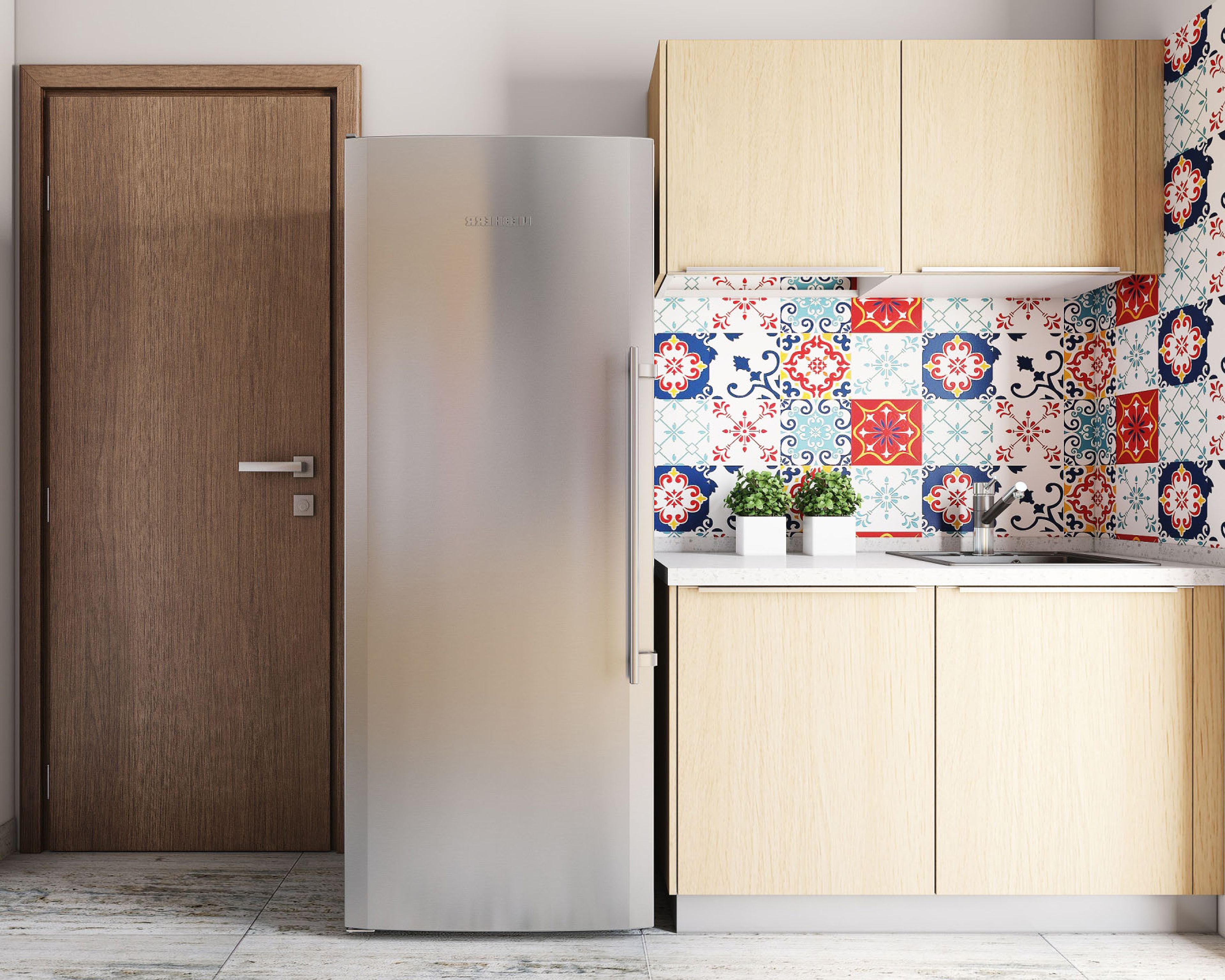 Parallel Modular Kitchen Design with Natural Wood Cabinets and Tall Single Door Fridge