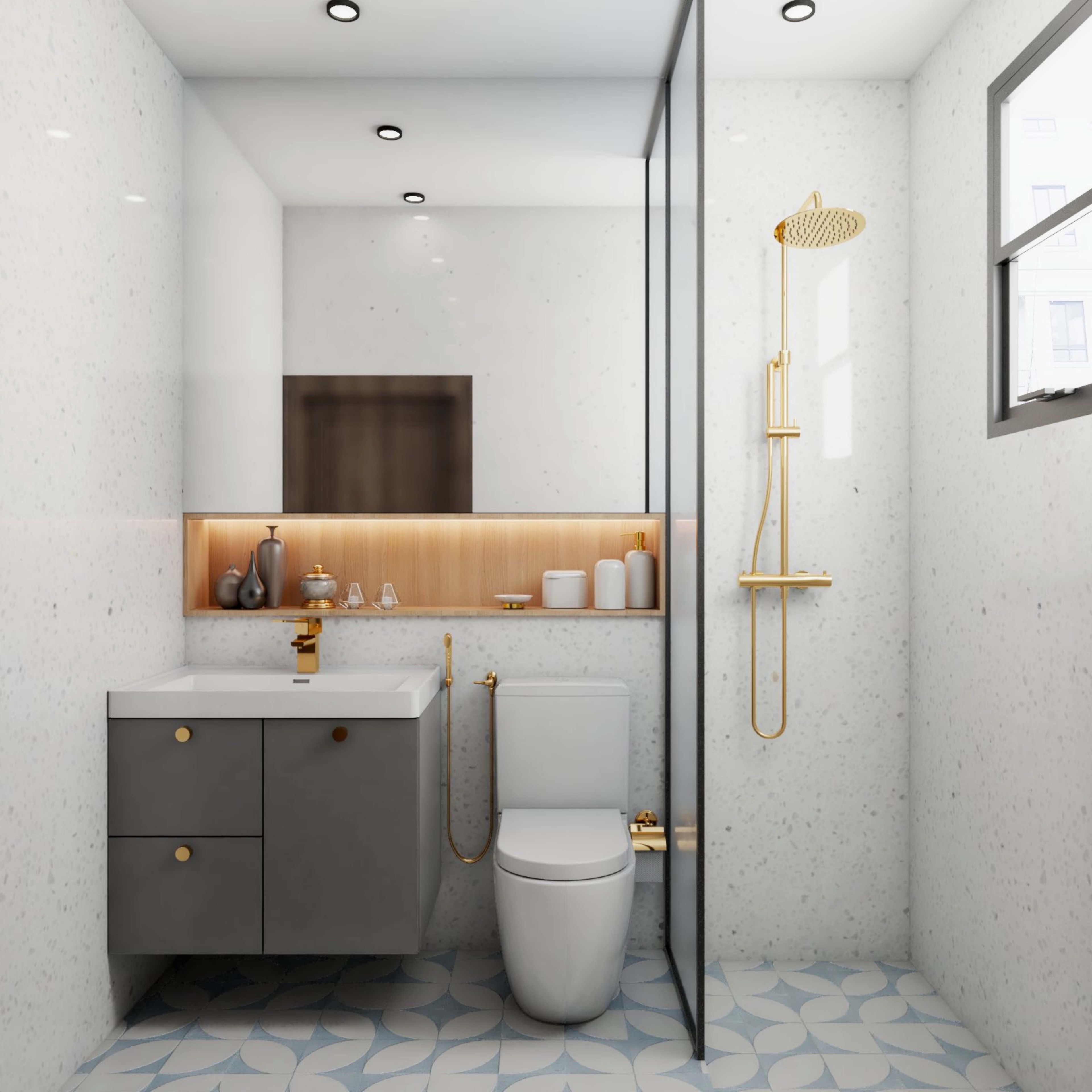 Bathroom Design with Wall-Mounted Square Mirror, Wall-Mounted Open Shelf, Drawer and Cabinet, with Glass Partition Shower Area