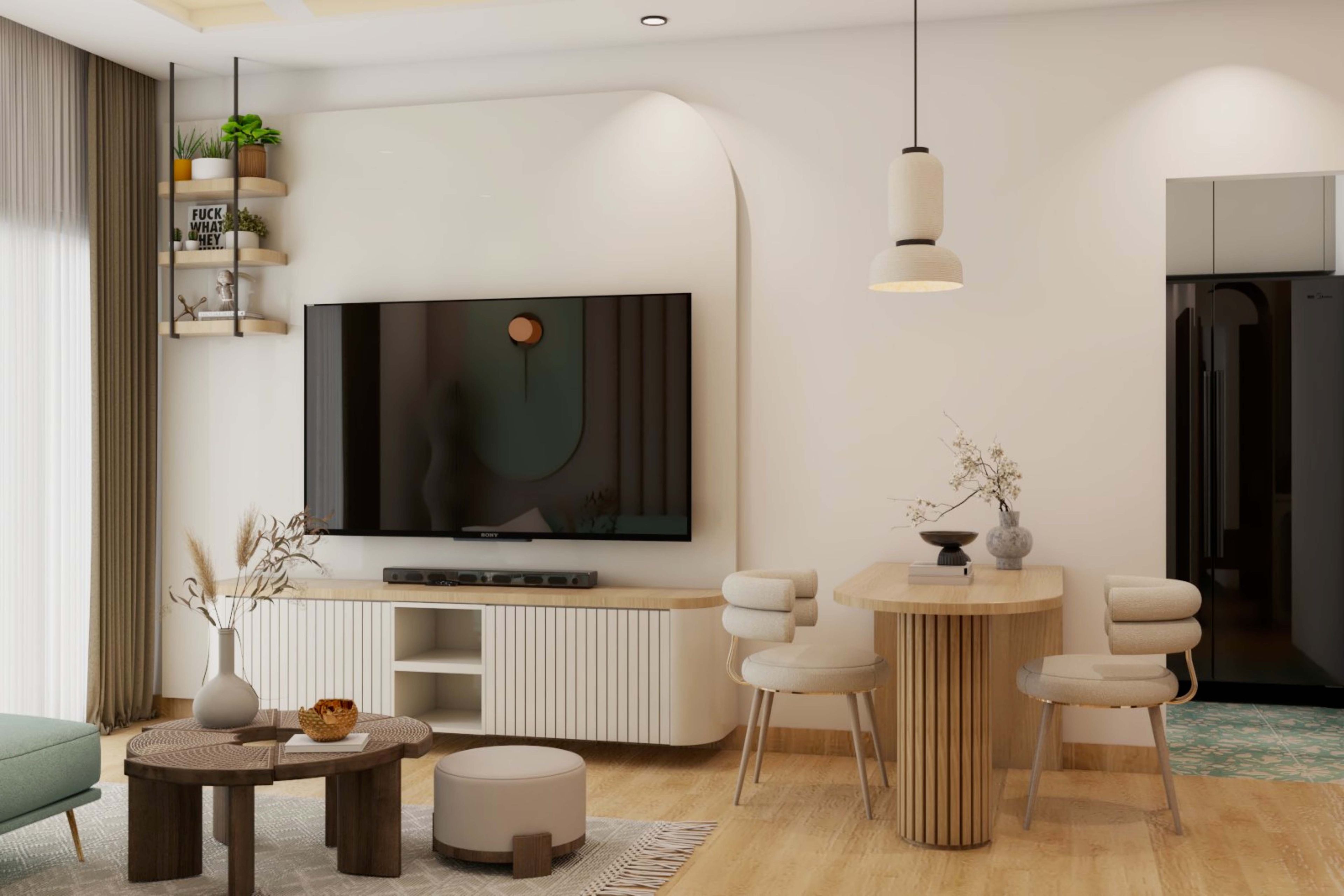 TV Unit Design with 2-Seater Wooden Wall Mounted Dining Table with Hanging Lights