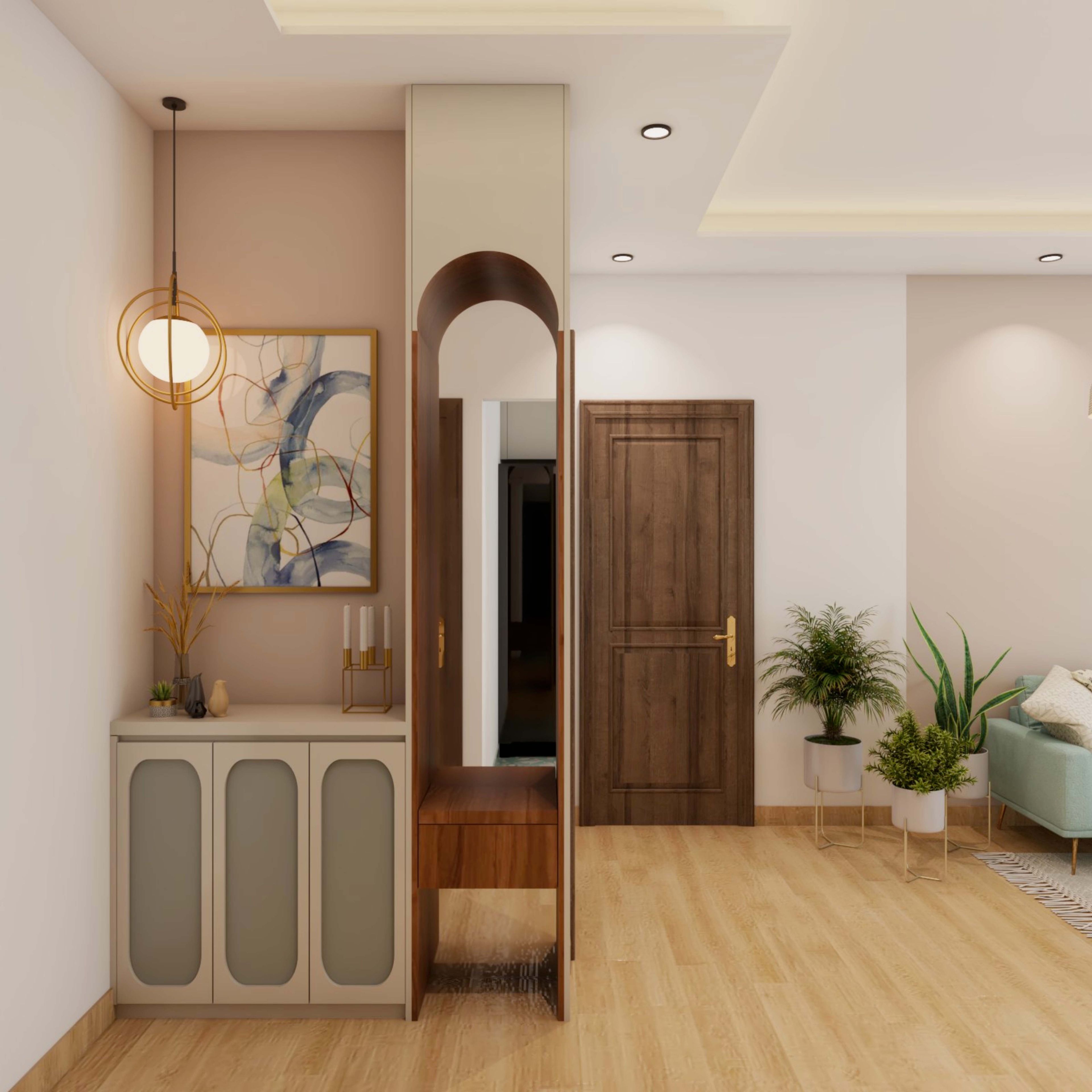 Foyer Design with Shoe Cabinet, Arched Open Shelf, Wall Art, and Hanging Light