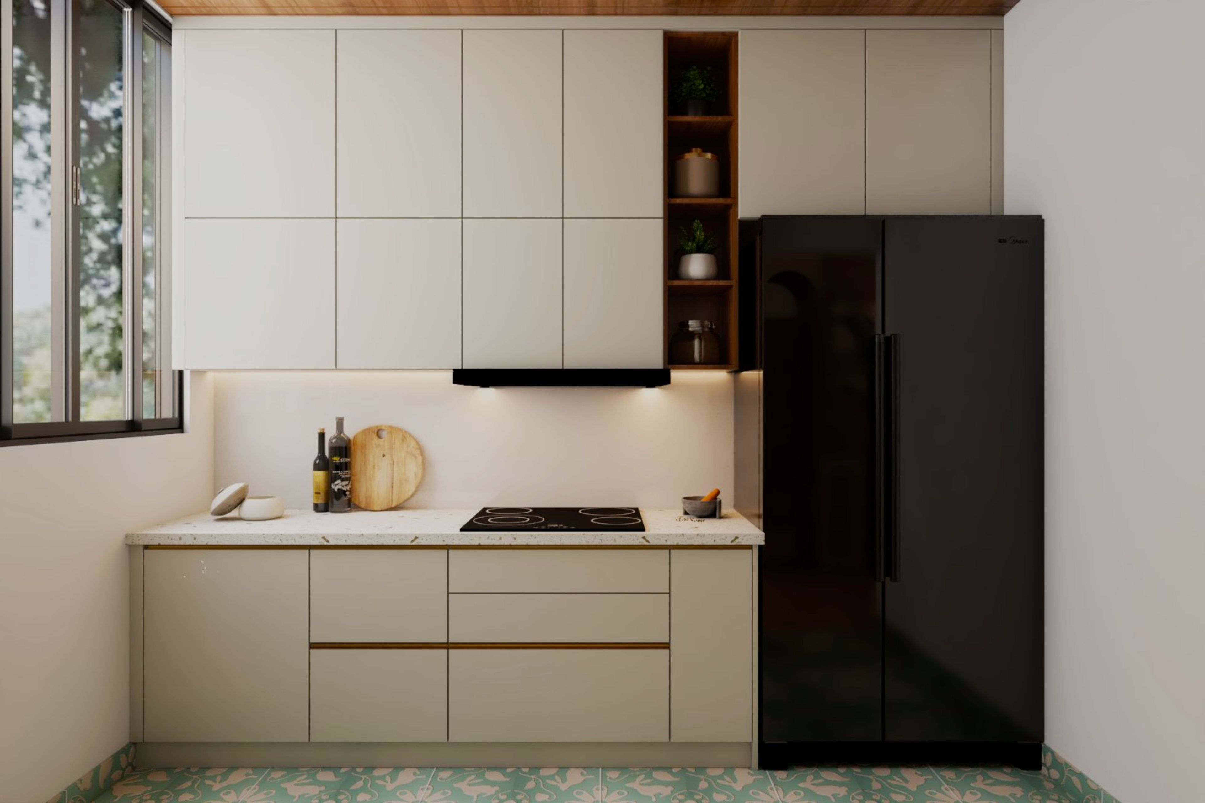 Parallel Modular Kitchen Design with Light Beige Base and Wall Units and Quartz Countertops