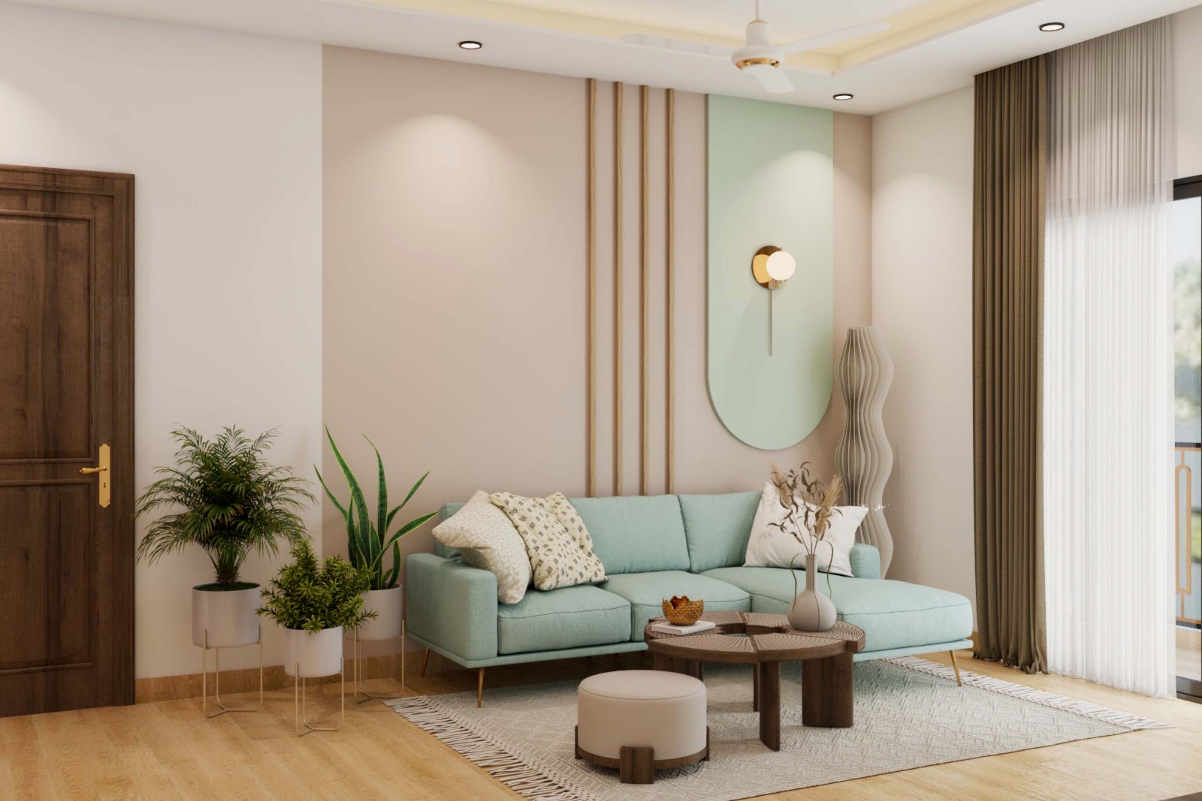 Living Room Design with Light Blue L-Shaped Sofa, Ottoman, Light Beige Wall with wooden Wall Trims and Wall Light and Spot Light