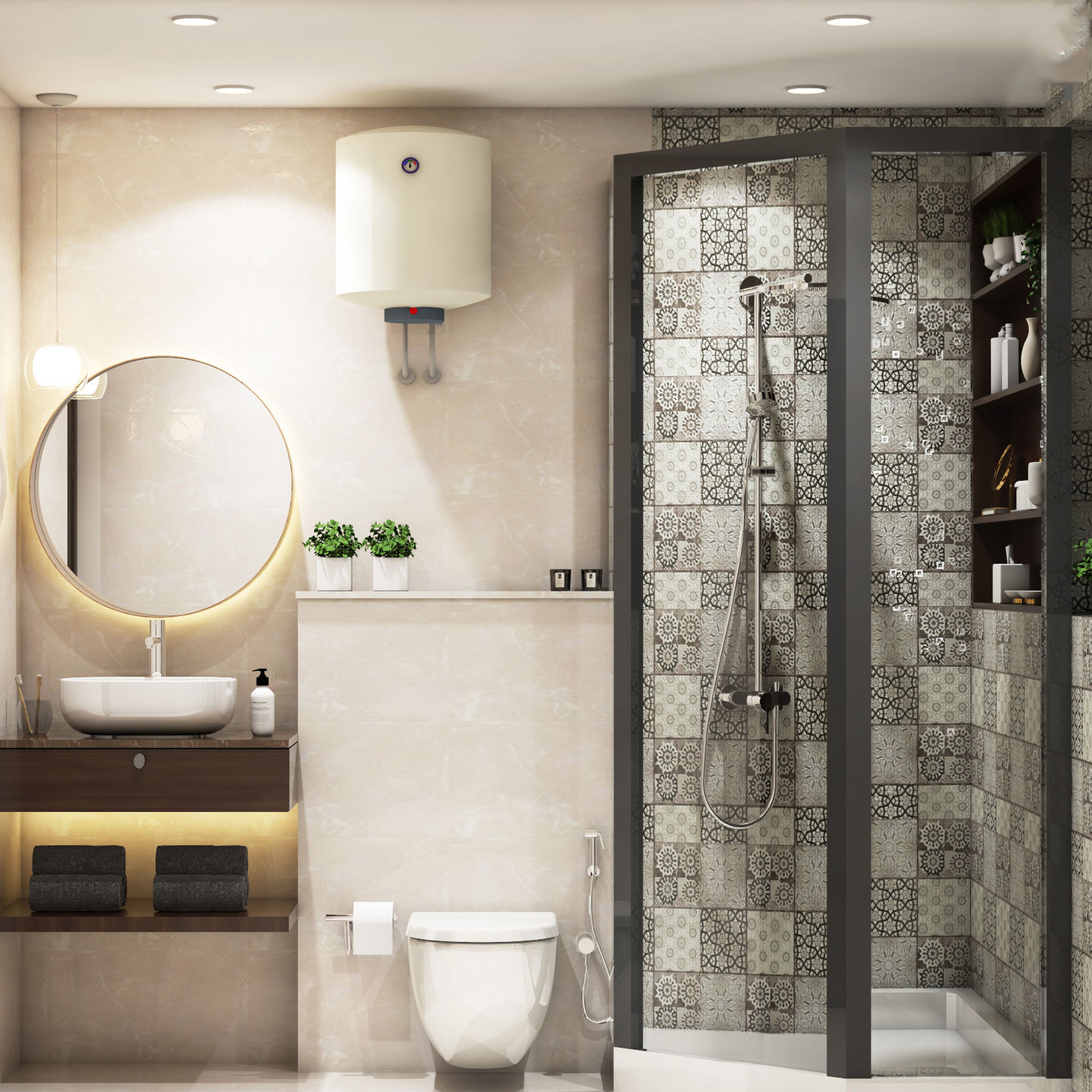 Bathroom Design with Round Mirror, Wooden Drawer and Shower Partition Area with Moroccan Tiles