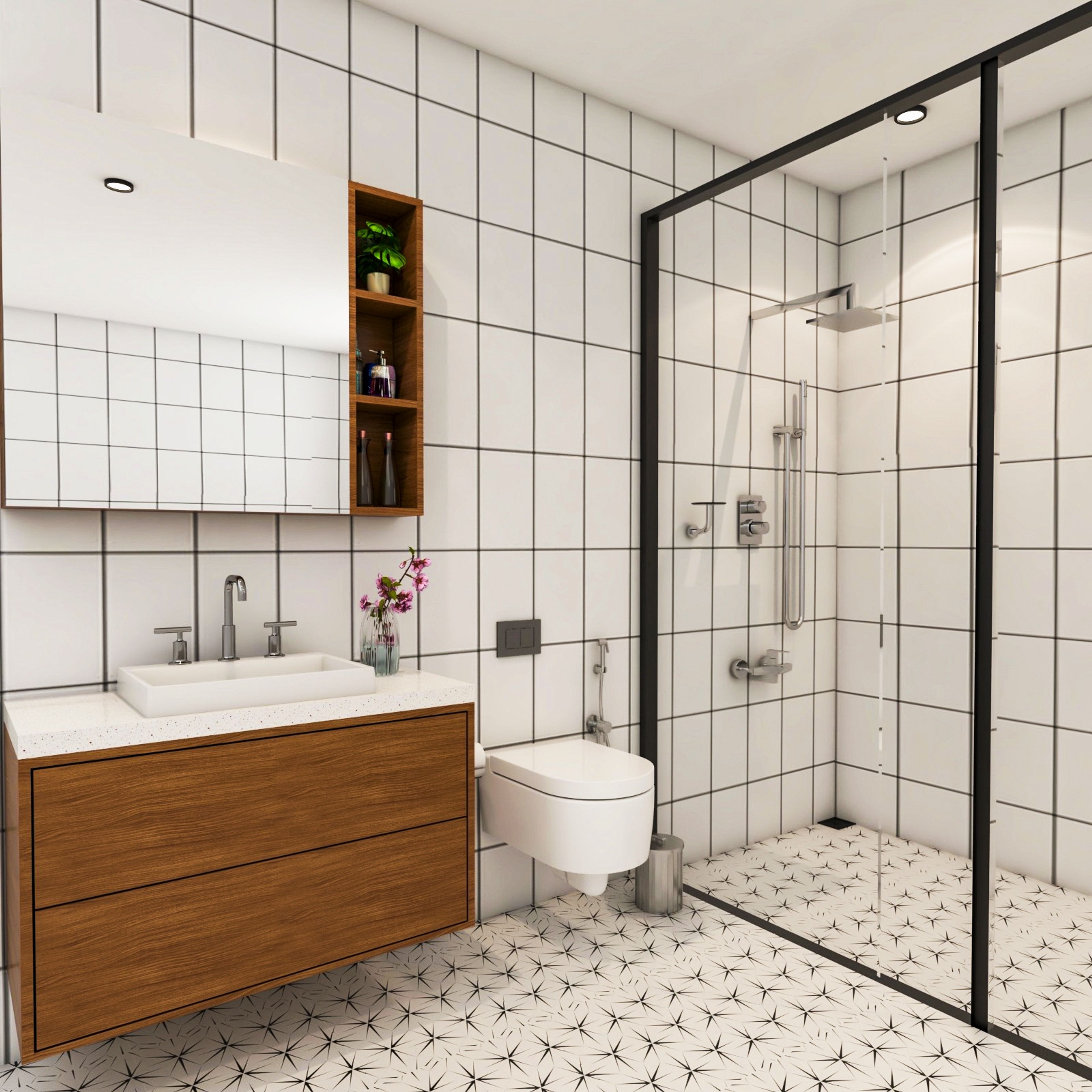 Bathroom Design with Square Mirror with Attached Open Shelf, Wooden Drawers and Shower Partition Area