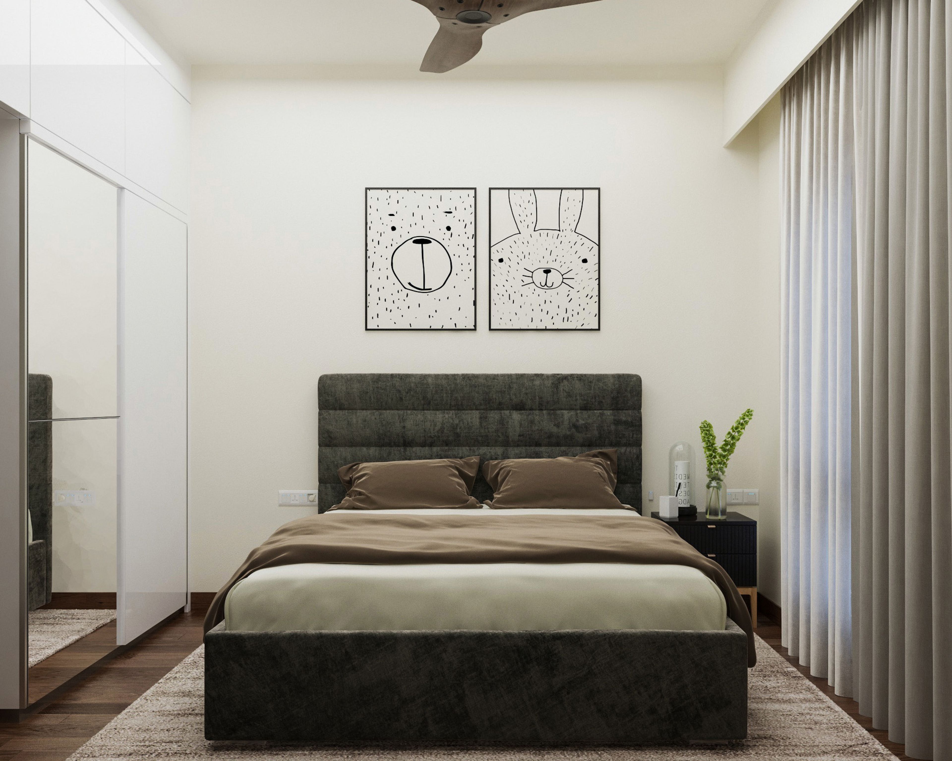 Kids Bedroom Design with Off-White Walls with Cartoon Wall Art and 2-Door Sliding Wardrobe with Integrated Mirror