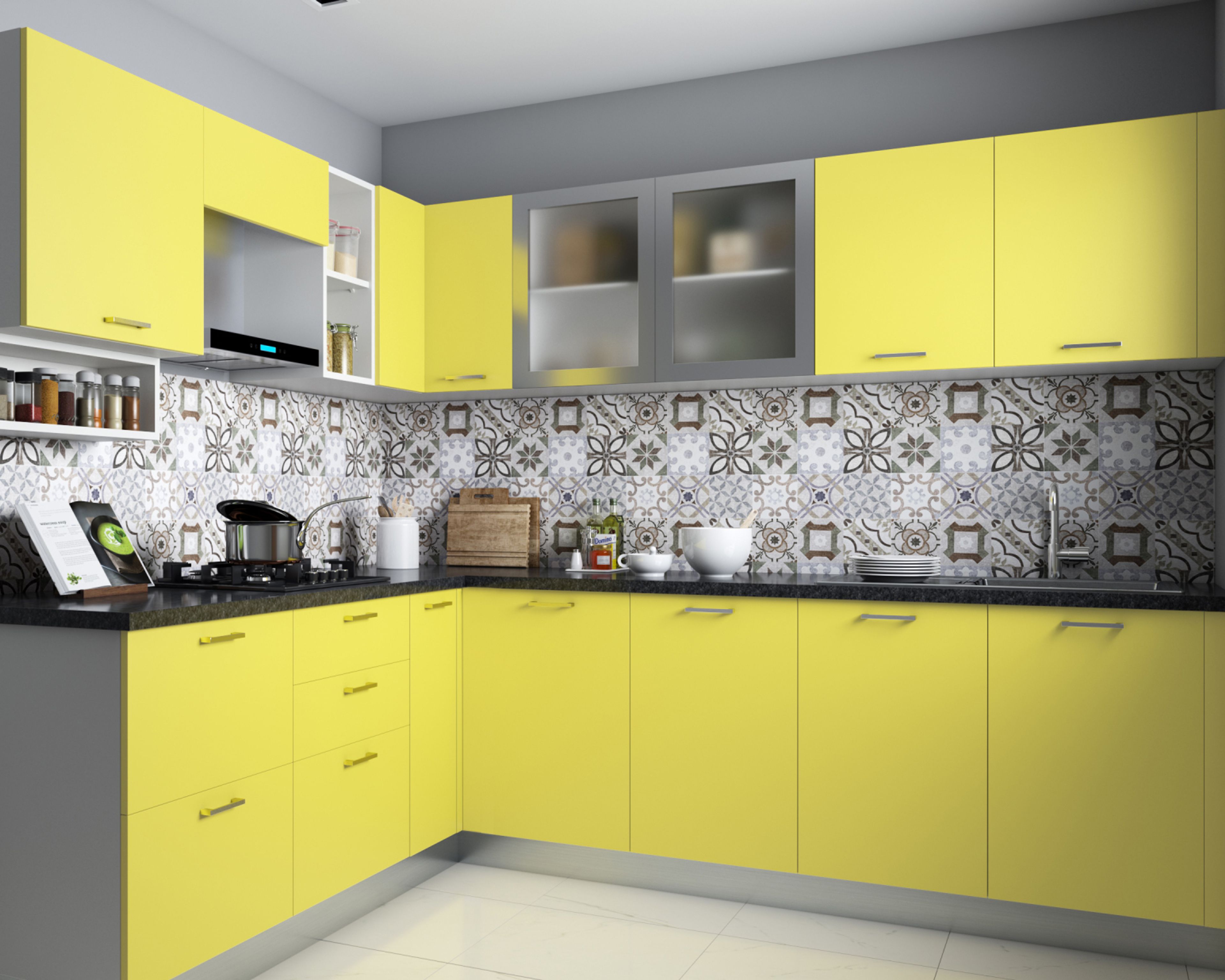 L-Shaped Modular Kitchen Design with Lime Yellow Wall and Base Units and Granite Countertop