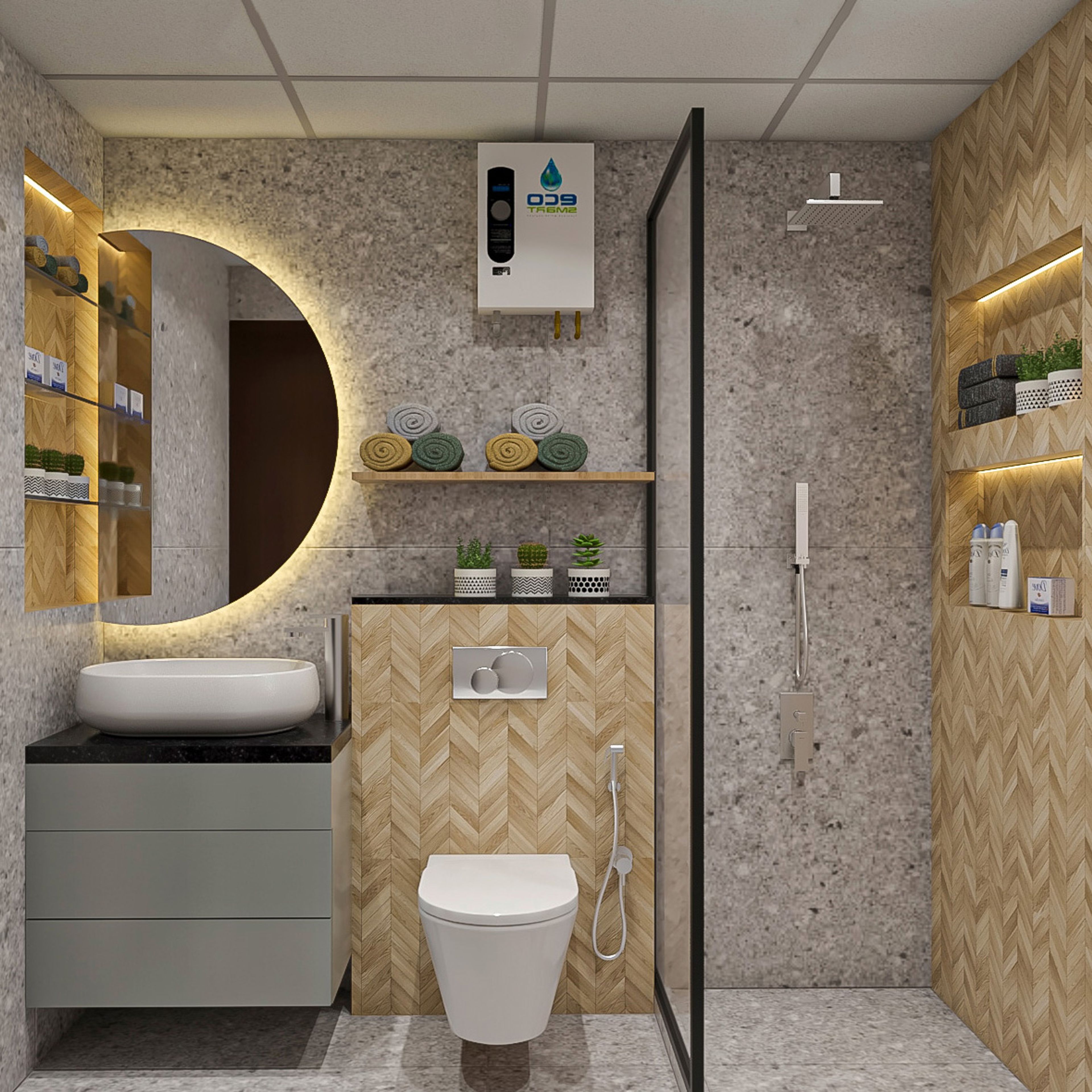 Bathroom Design with Crescent Moon Mirror with Cove Light, Open Shelves, Grey Drawers and Glass Partition Shower Area