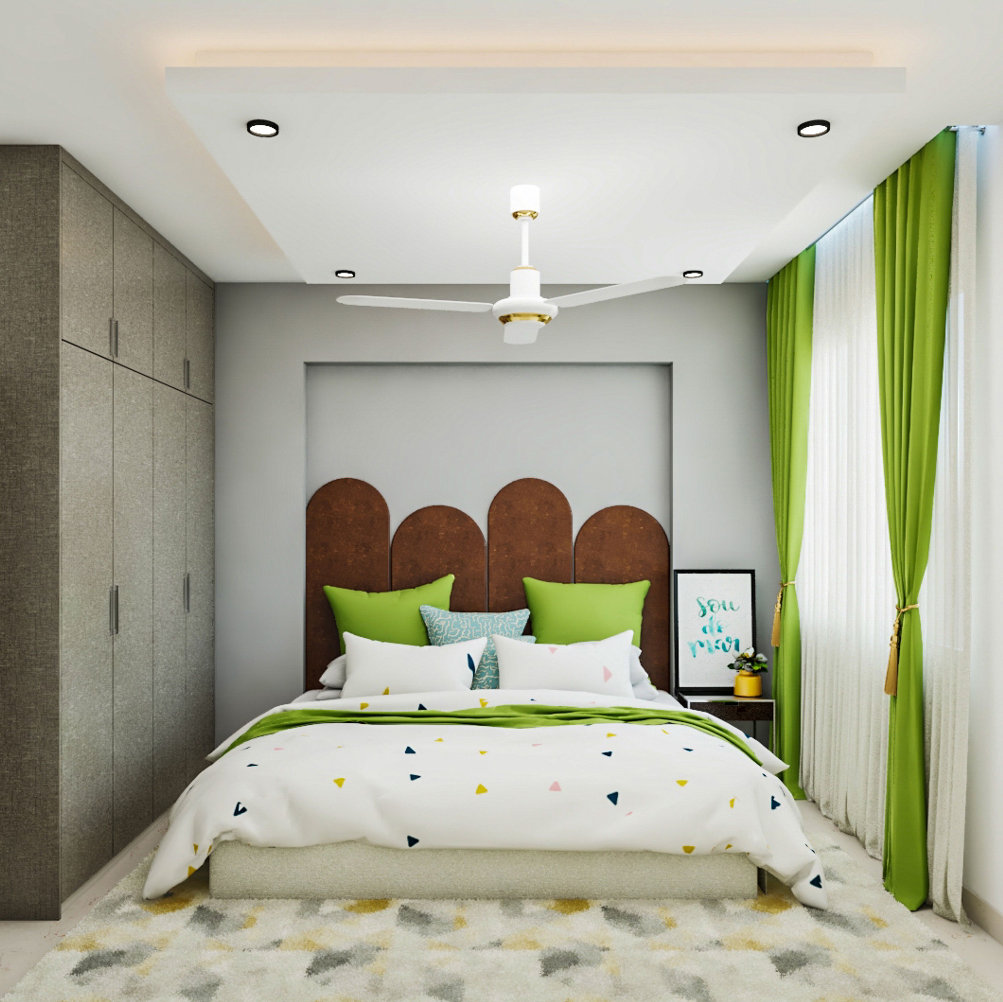 Kids Bedroom Design with Arched Wooden Headboard Wall on Grey Wall and 4-Door Textured Swing Wardrobe
