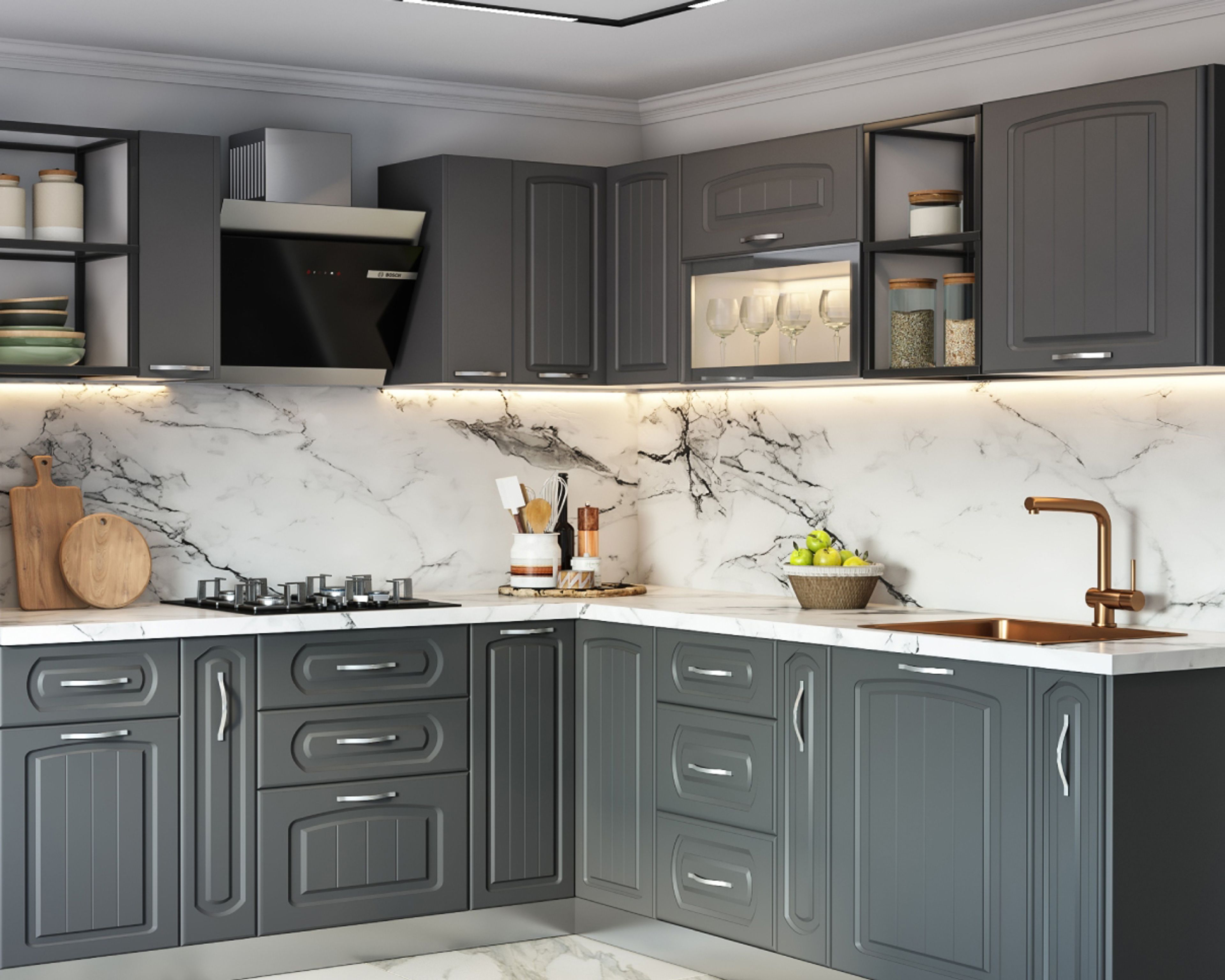 L-Shaped Modular Kitchen Design with Dark Grey Base and Wall Units and Quartz Countertop