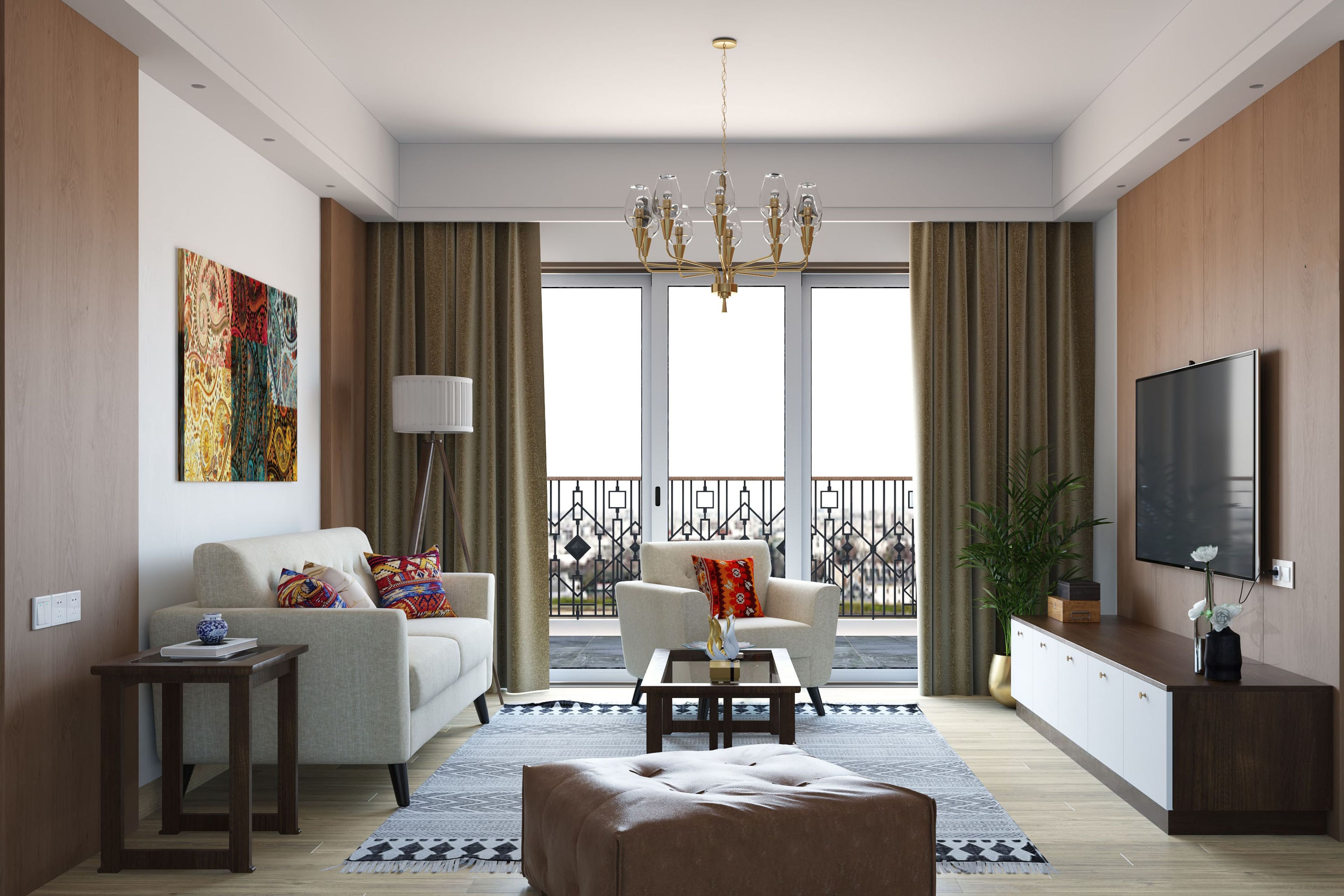 Living Room Design with Off-White Sofas, Brown Leather Ottoman, Wooden TV Unit and Chandelier