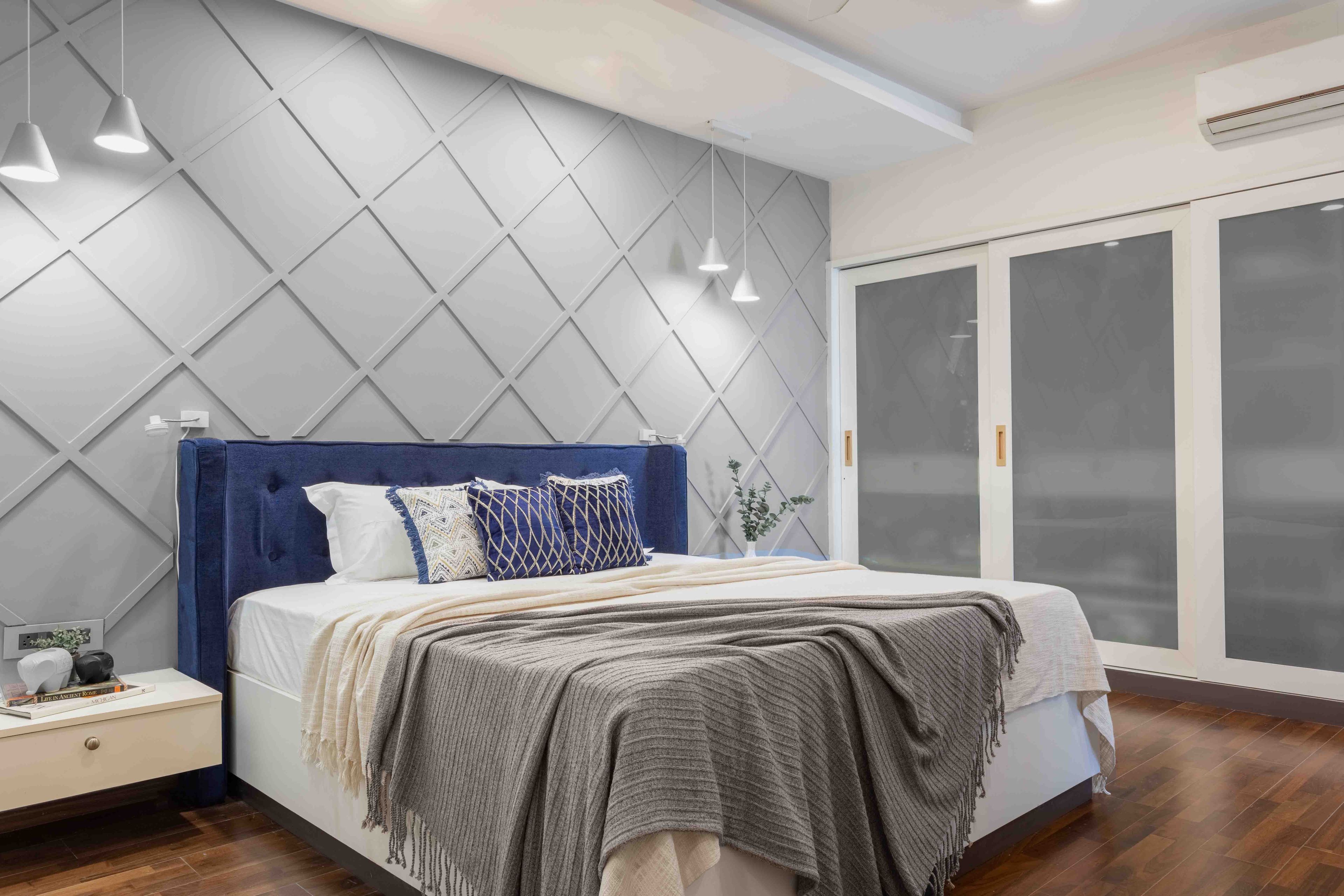 Master bedroom Design with Grey Wall with Criss-Cross Trims, Hanging and Spot Lights and 3-Door Sliding Wardrobe