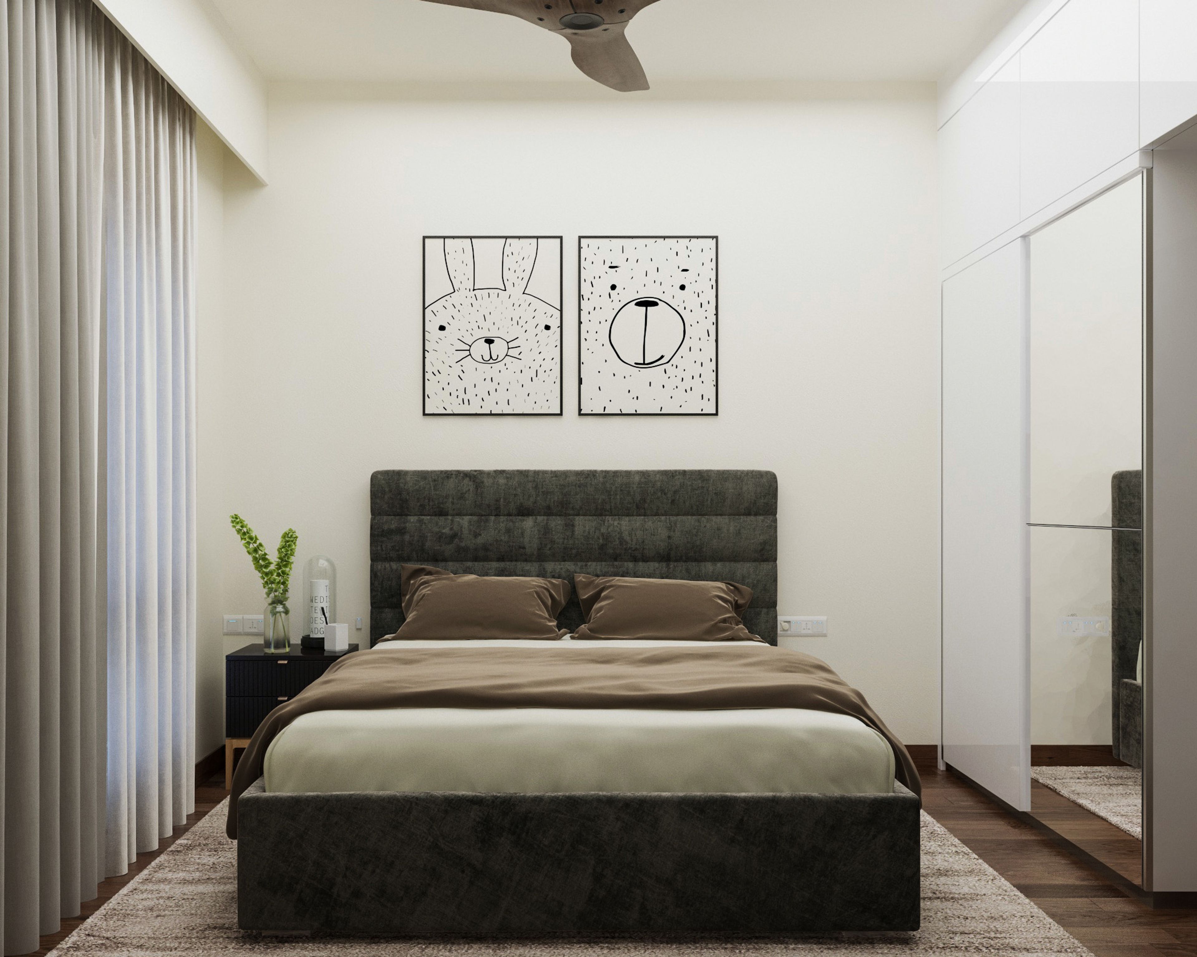 Kids Bedroom Design with Off-White Walls with Cartoon Wall Art and 2-Door Sliding Wardrobe with Integrated Mirror