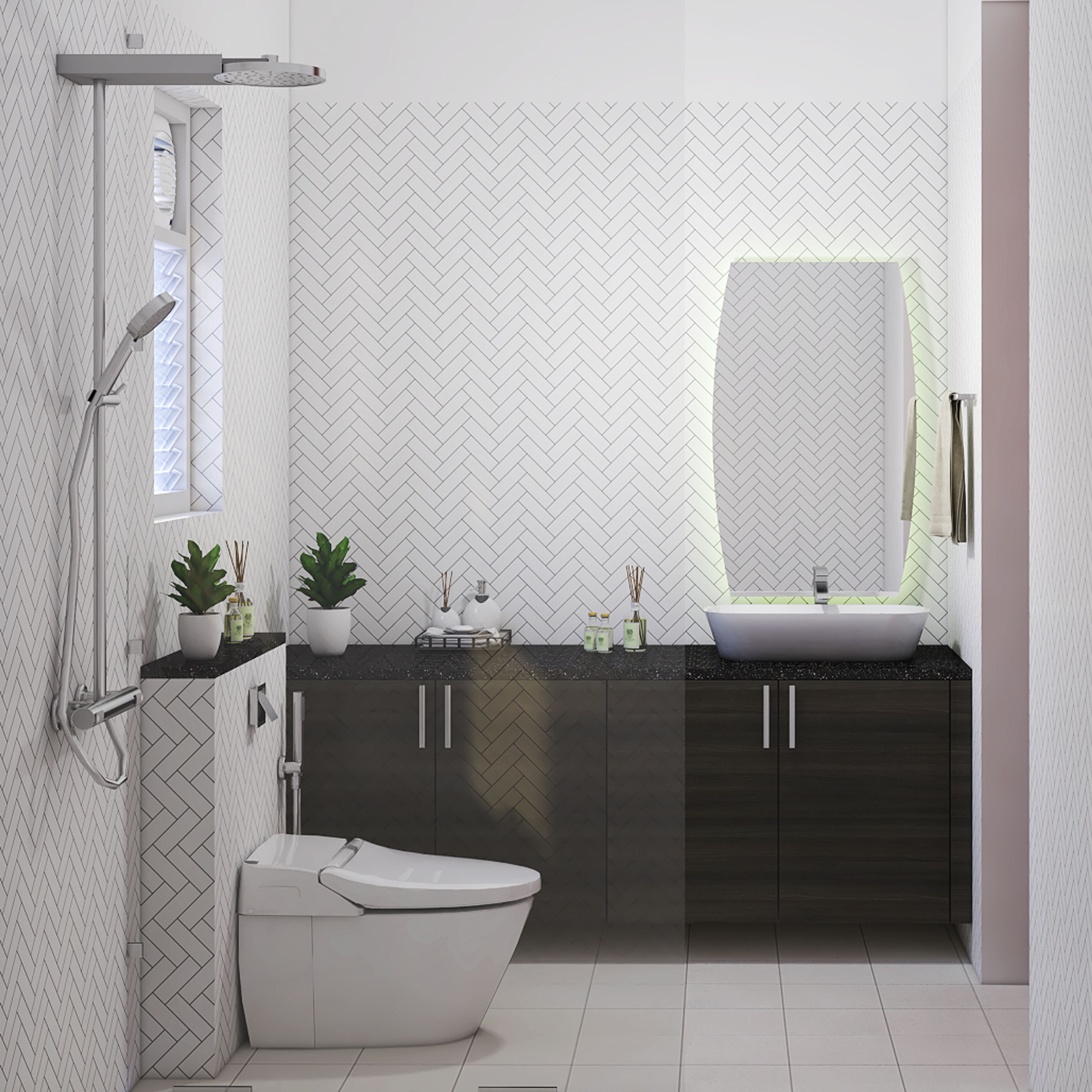 Bathroom Design with Oval Mirror, Dark Wooden Cupboard, White Tiles and Glass Partition Shower Area