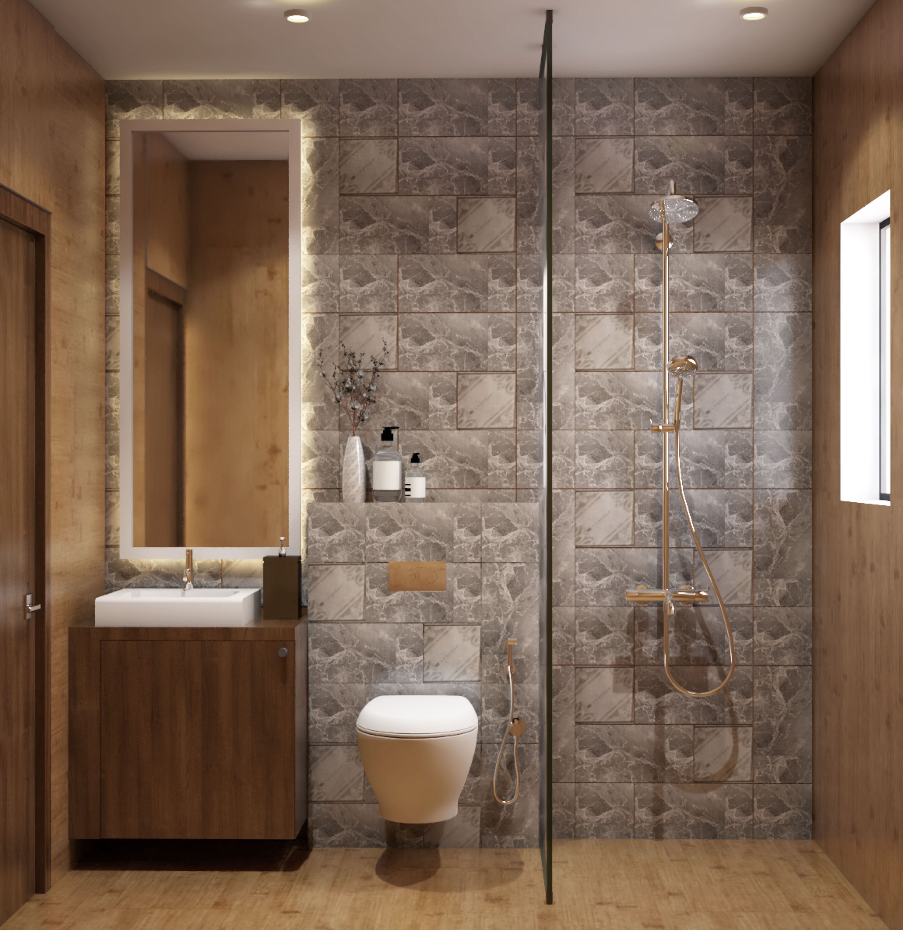 Bathroom Design with Long Rectangular Mirror, Wooden Cupboard and Glass Partition Shower Area