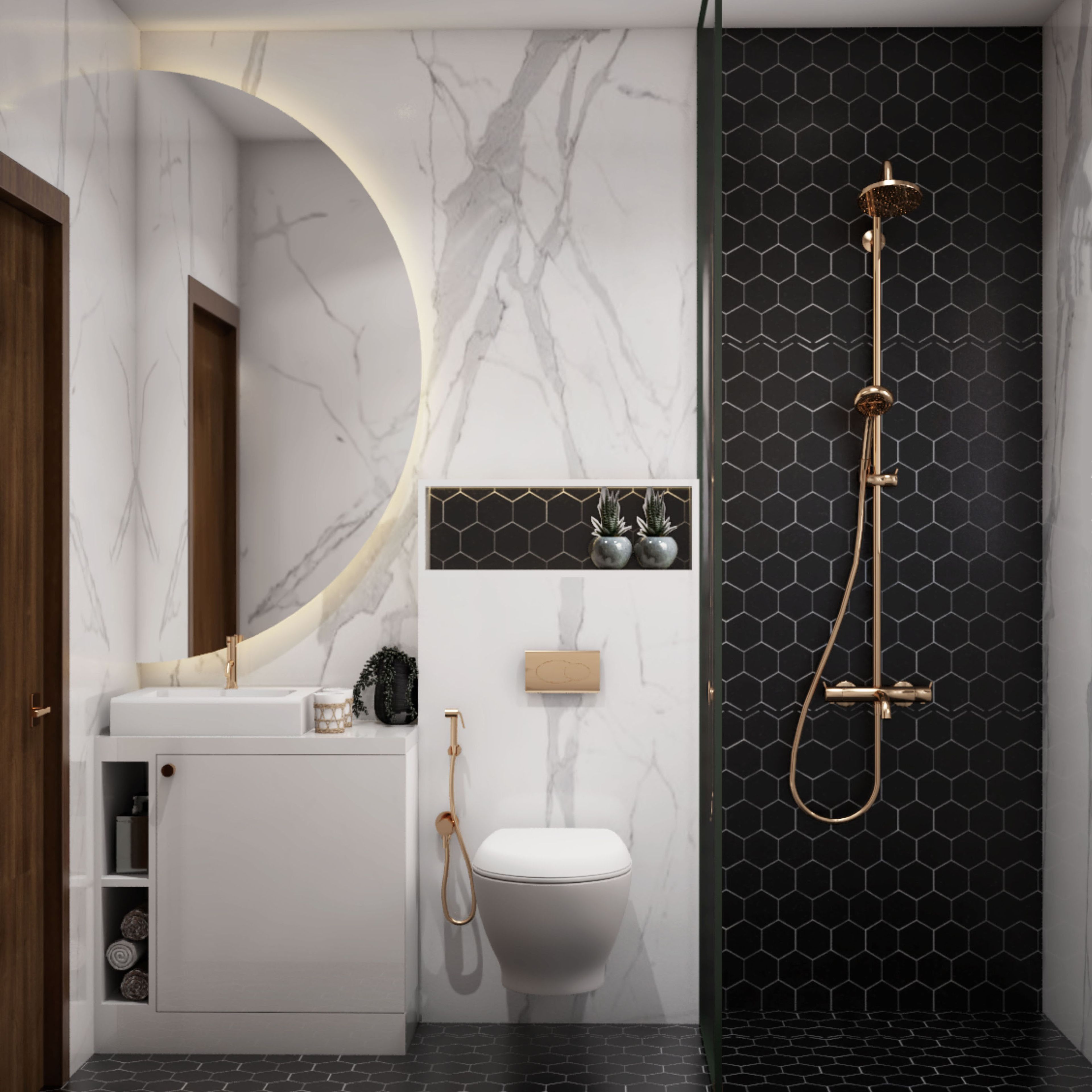 Bathroom Design with Crescent Moon Mirror with Cove Light, White Cabinet, Glass Partition Shower Area and Black Tiles