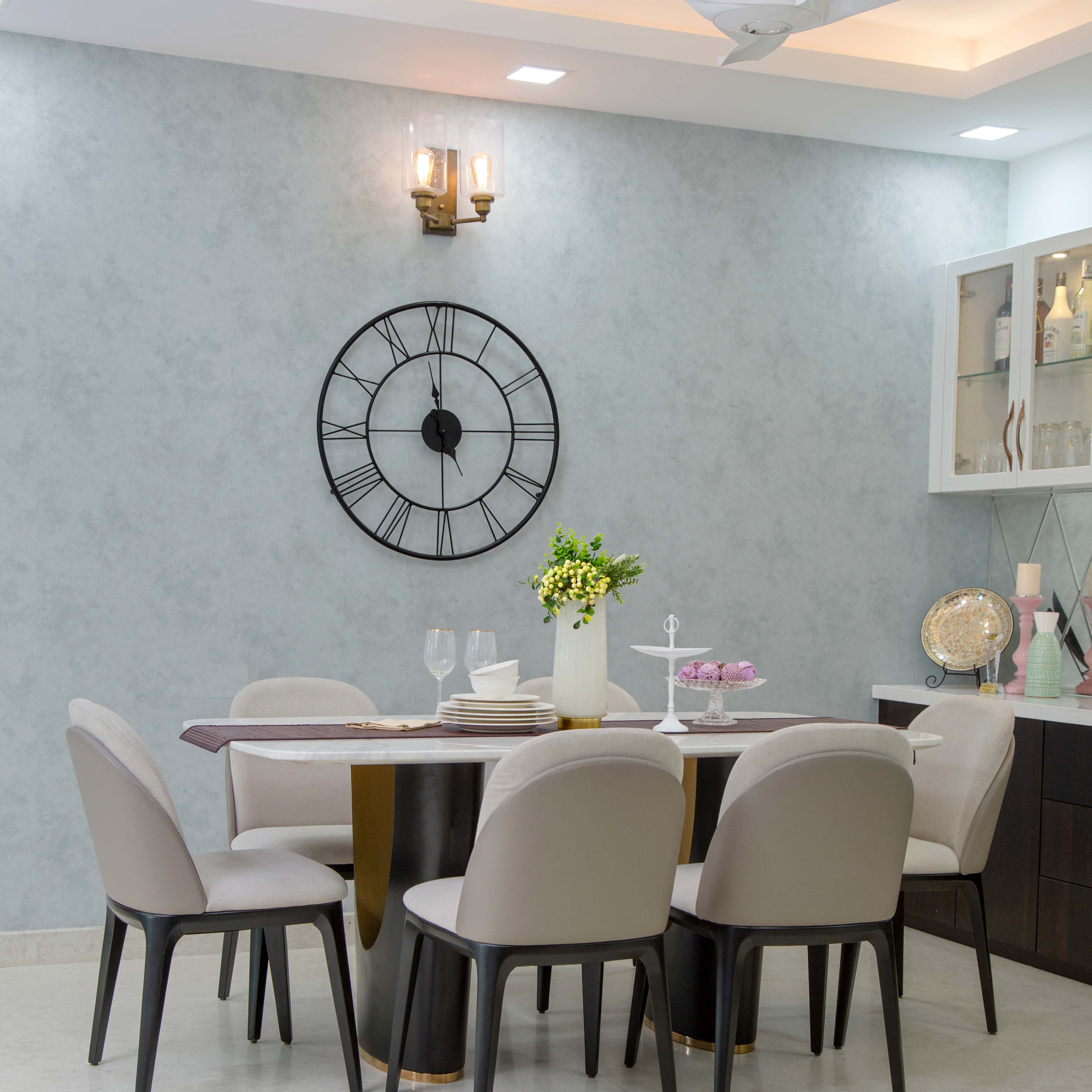 6-Seater Dining Room with Marble Top Table, Light Grey Chairs, Grey Textured Wall with Vintage Wall Clock