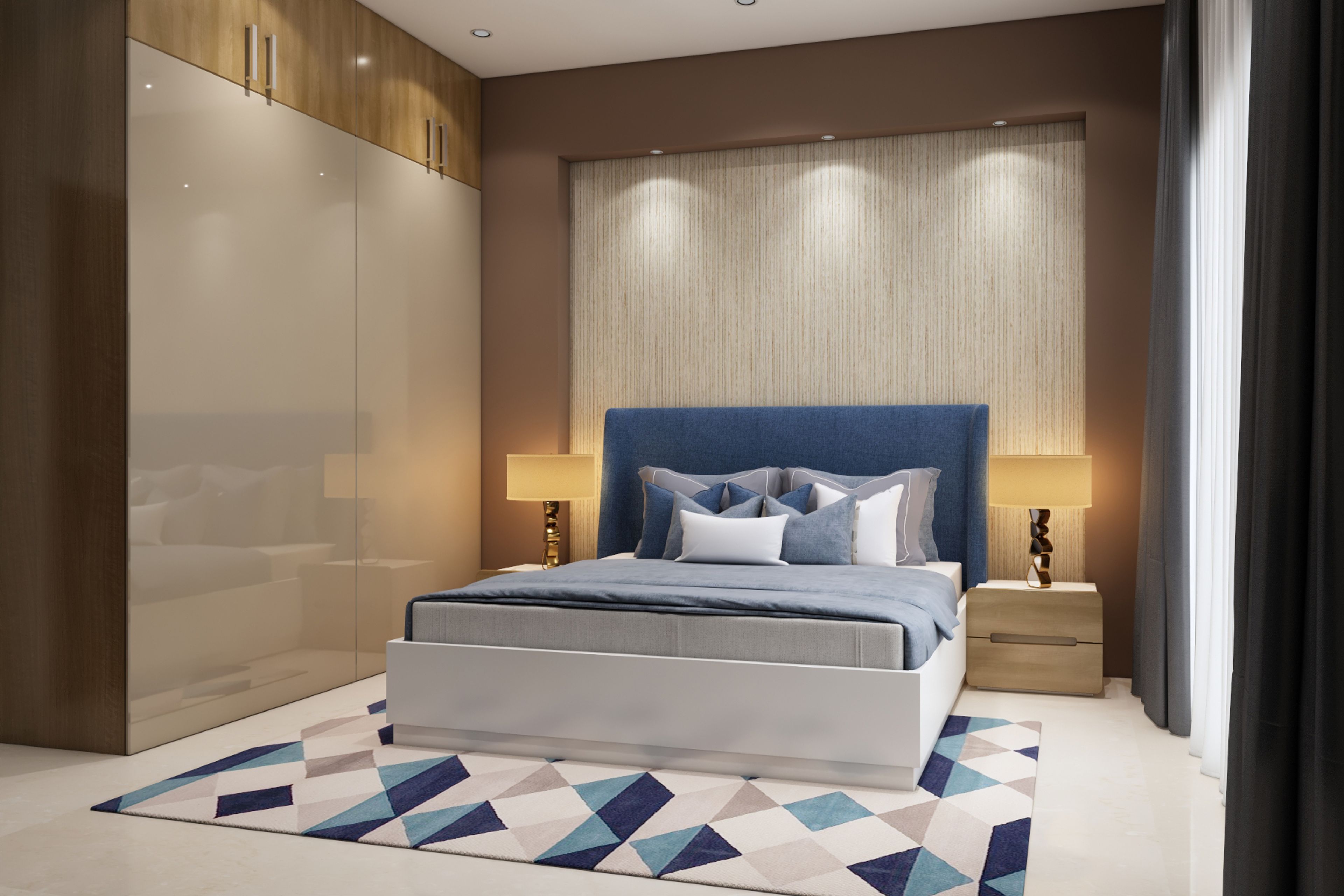 Guest Bedroom Design with 2-Door Sliding Wardrobe, Textured Wooden Wall, Spot Light and Table Lamps