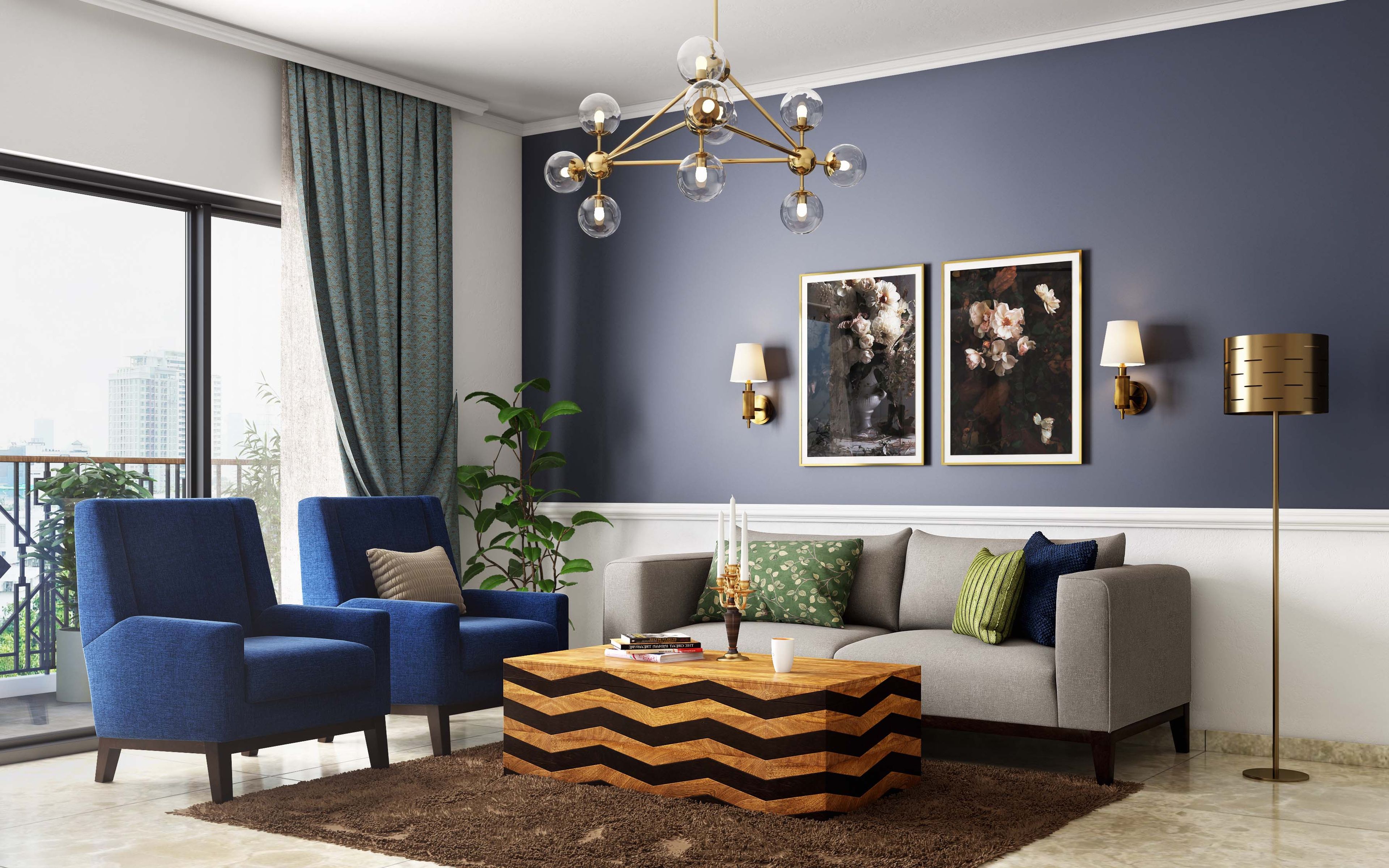 Living Room Design with Grey 2-Seater Sofa, 2 Blue Accent Chairs, Dark Grey Wall with Wall Lights and Artwork, Patterned Wooden Table and Floor Lamp