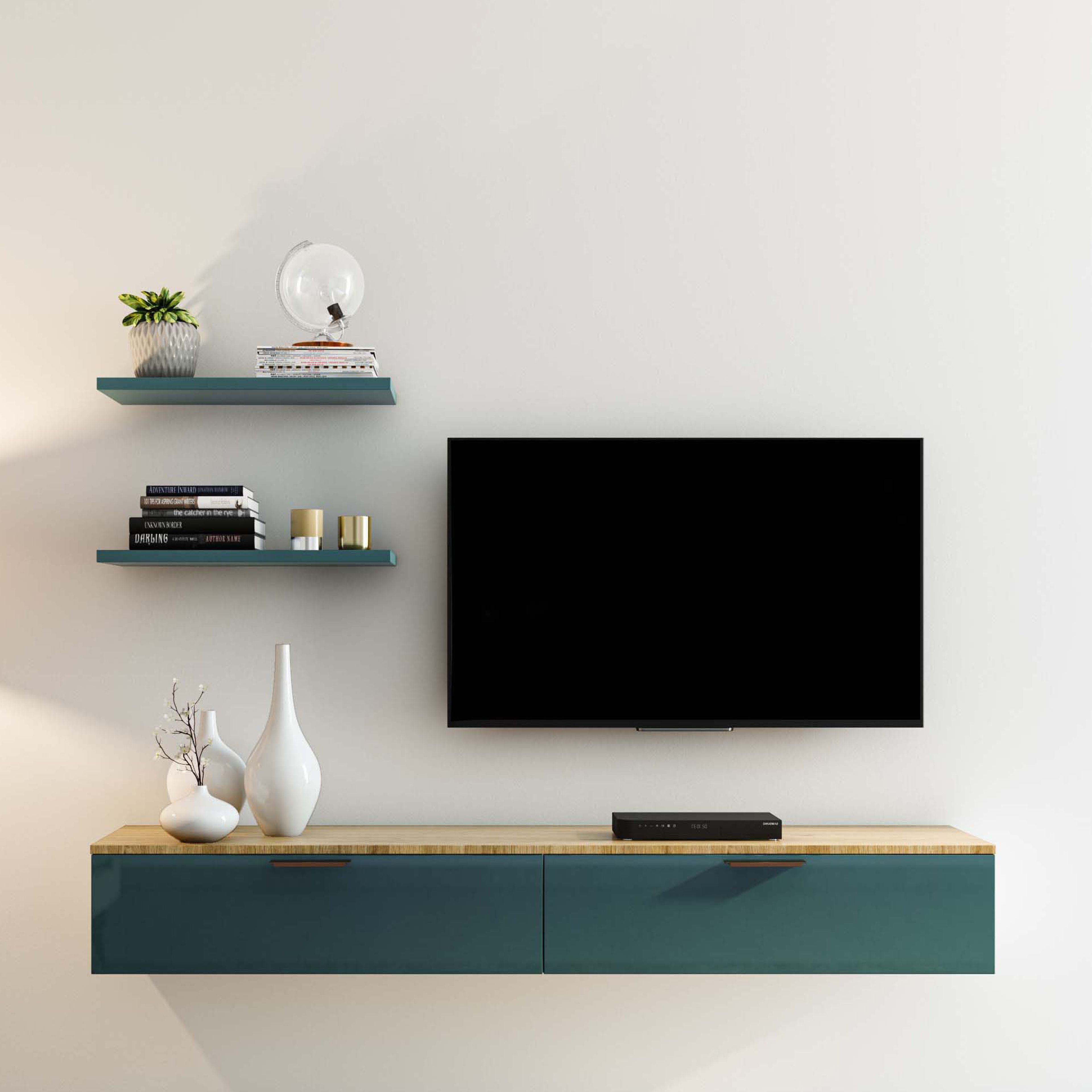 TV Unit Design with Wood and Teal Drawers and Teal Open Wall Shelves