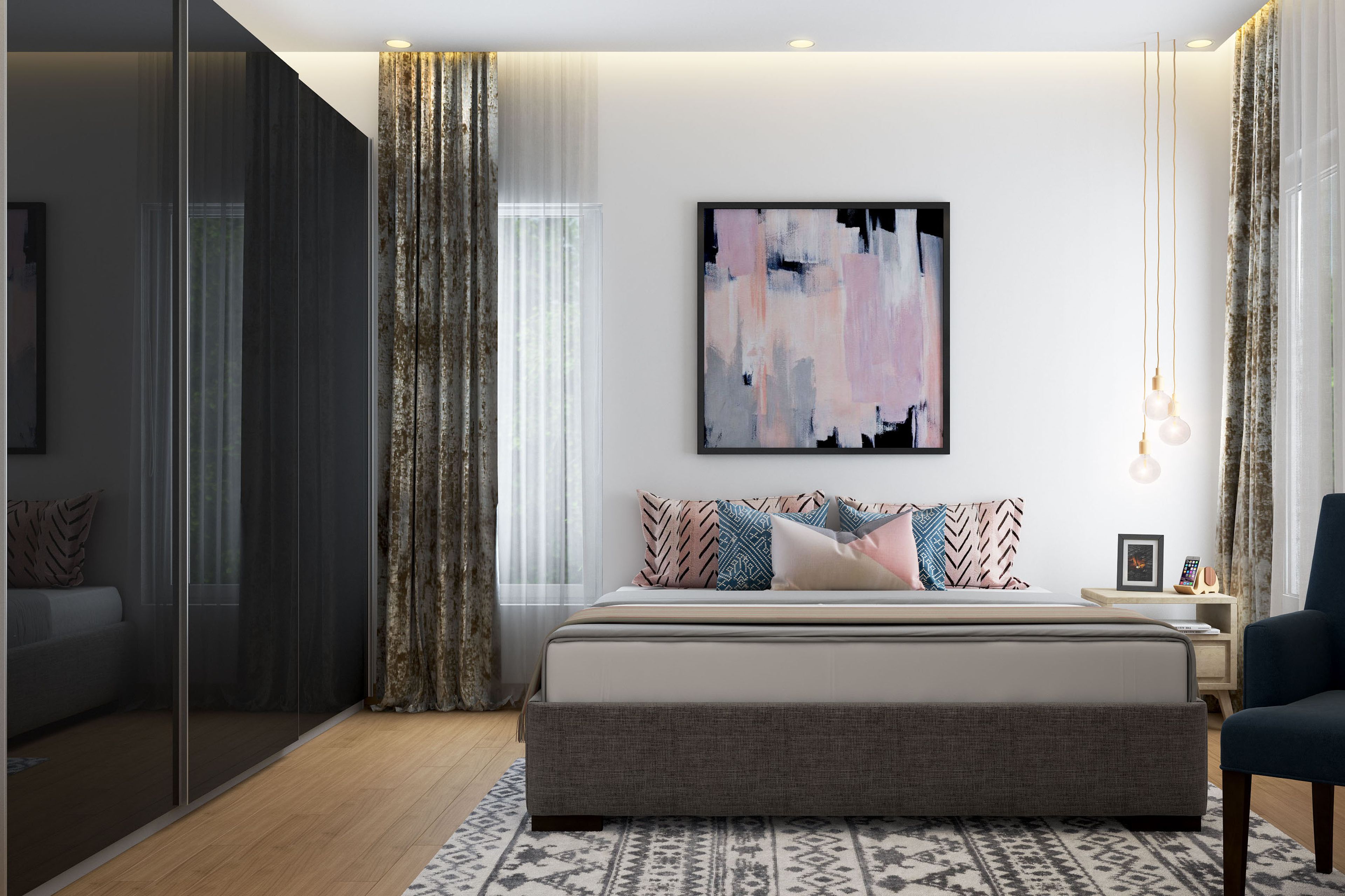 Master Bedroom Design with 3-Door Black Sliding Wardrobe, White Wall with Abstract Artwork, and Spot, Cove and Hanging Lights