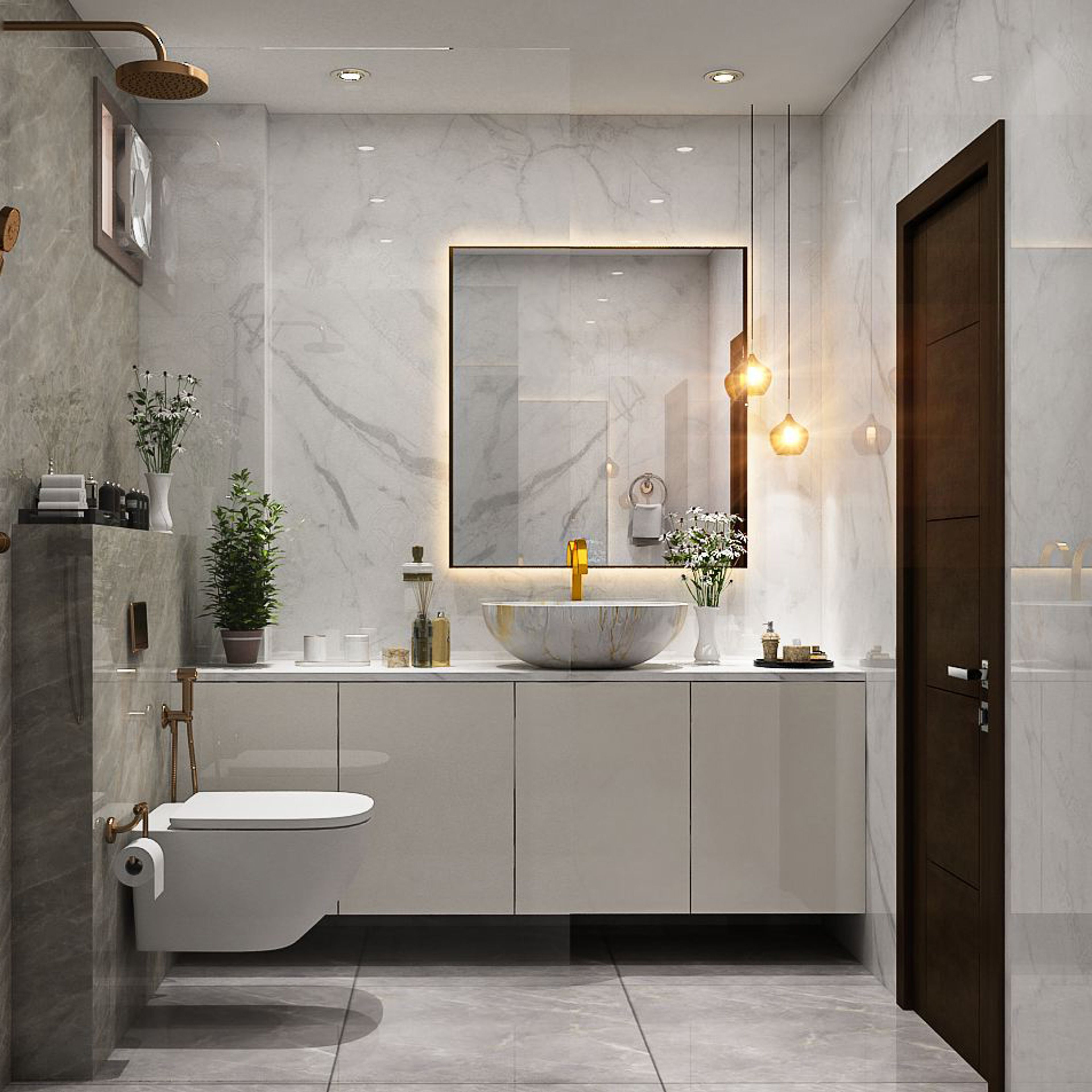 Bathroom Design with Grey Marble Tiles, Square Mirror, Beige Cabinets and Hanging Lights