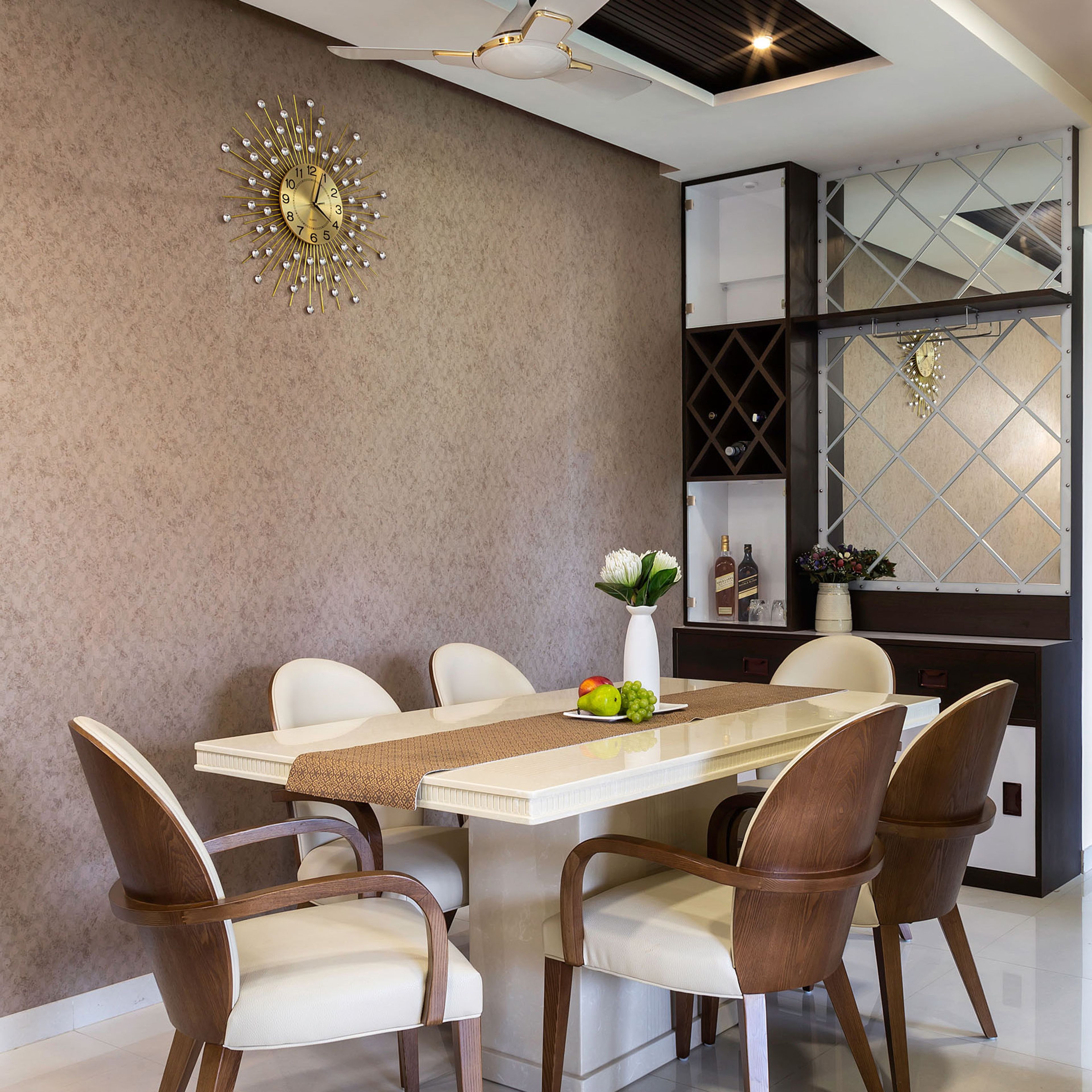6-Seater Dining Room Design with Marble Top Table, Textured Light Brown Wall, and Mirror Accent Wall with Open and Closes Storage