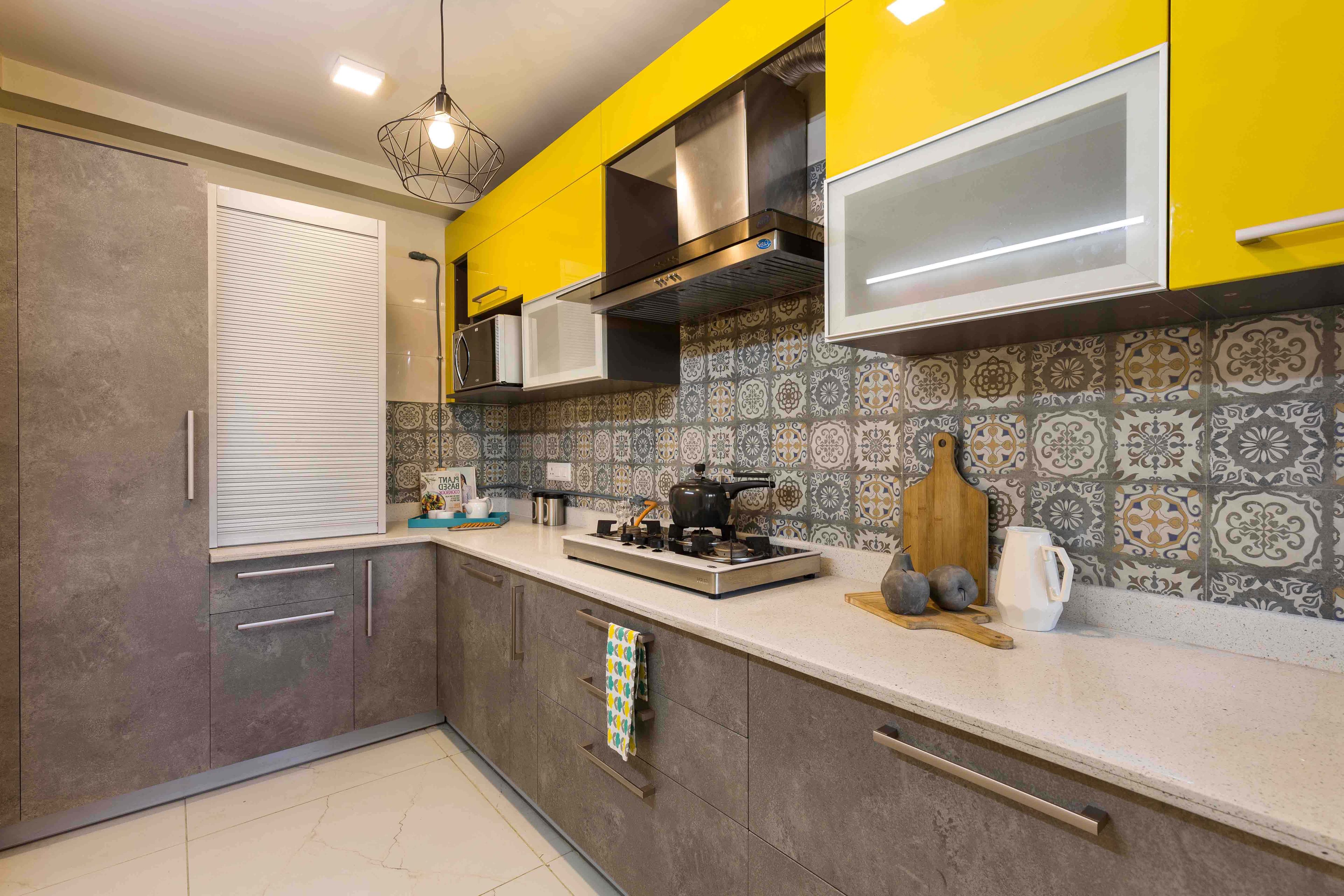 L-Shaped Modular Kitchen Design with Marble Grey and Bright Yellow Base and Wall Units, Quartz Countertop and Moroccan Tiles