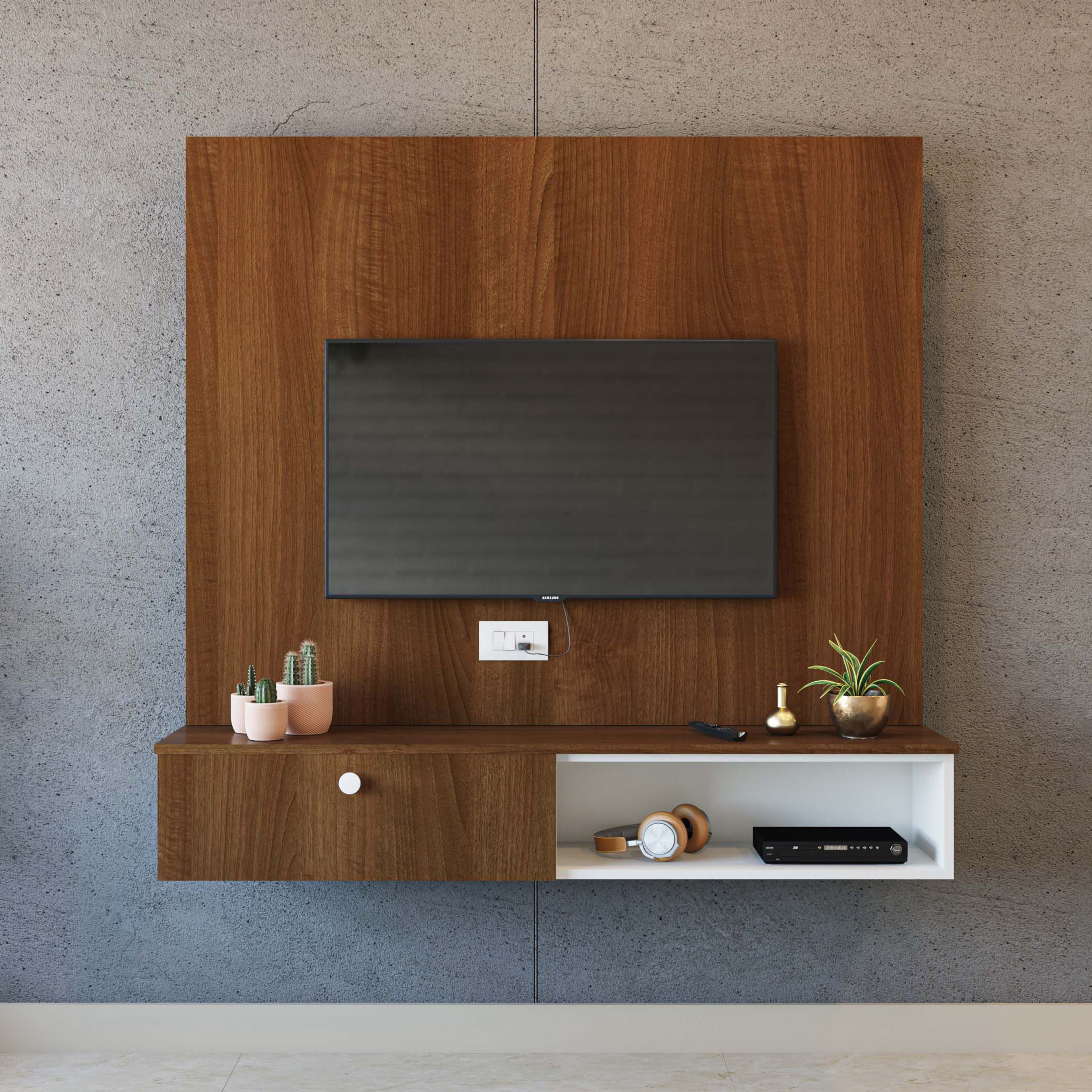 Dark Wood TV Unit Design with Drawer and Textured Grey Backsplash