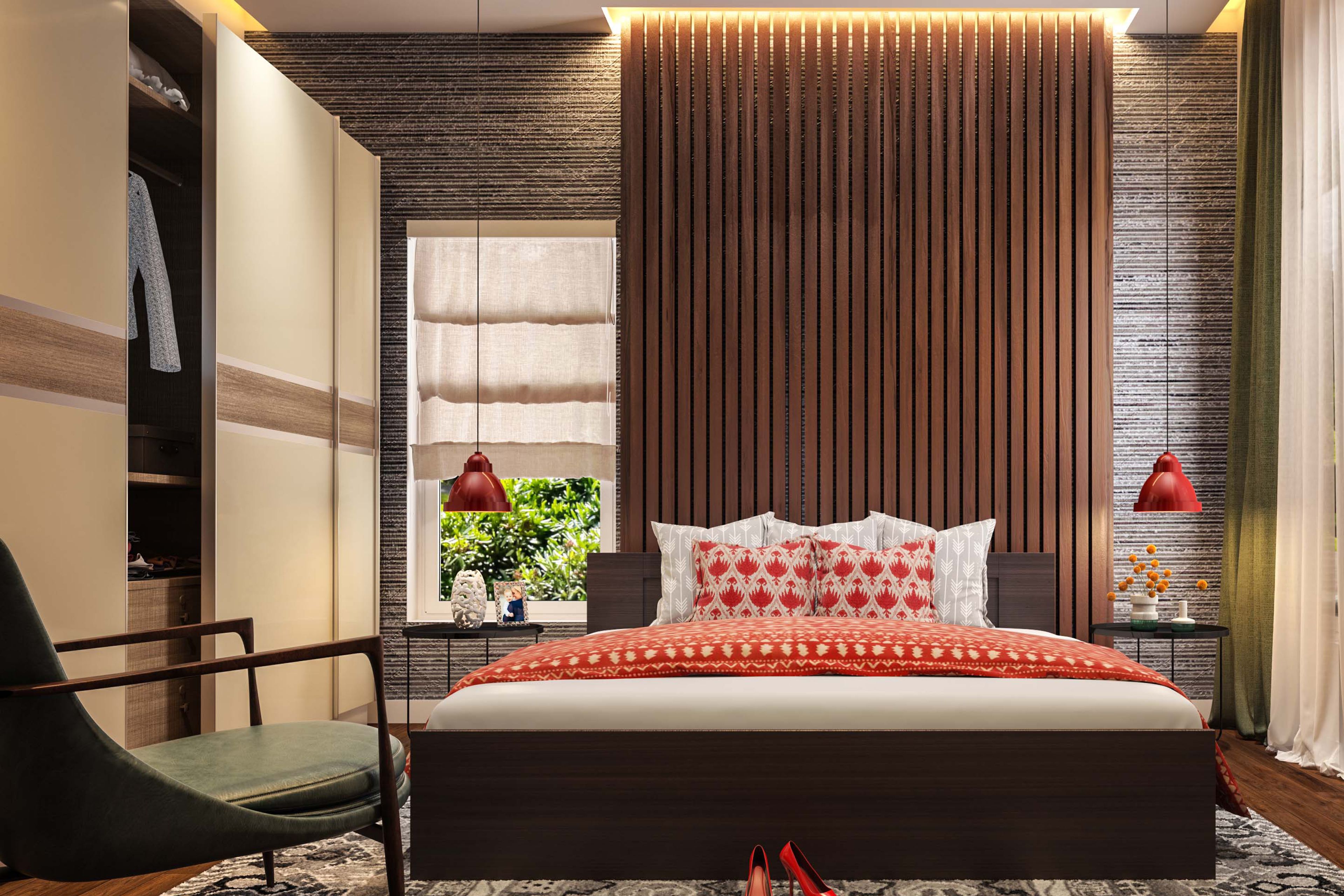 Master Bedroom Design with 3-Door Sliding Wardrobe, Textured Wall with Vertical Wooden Slats, and Side Tables