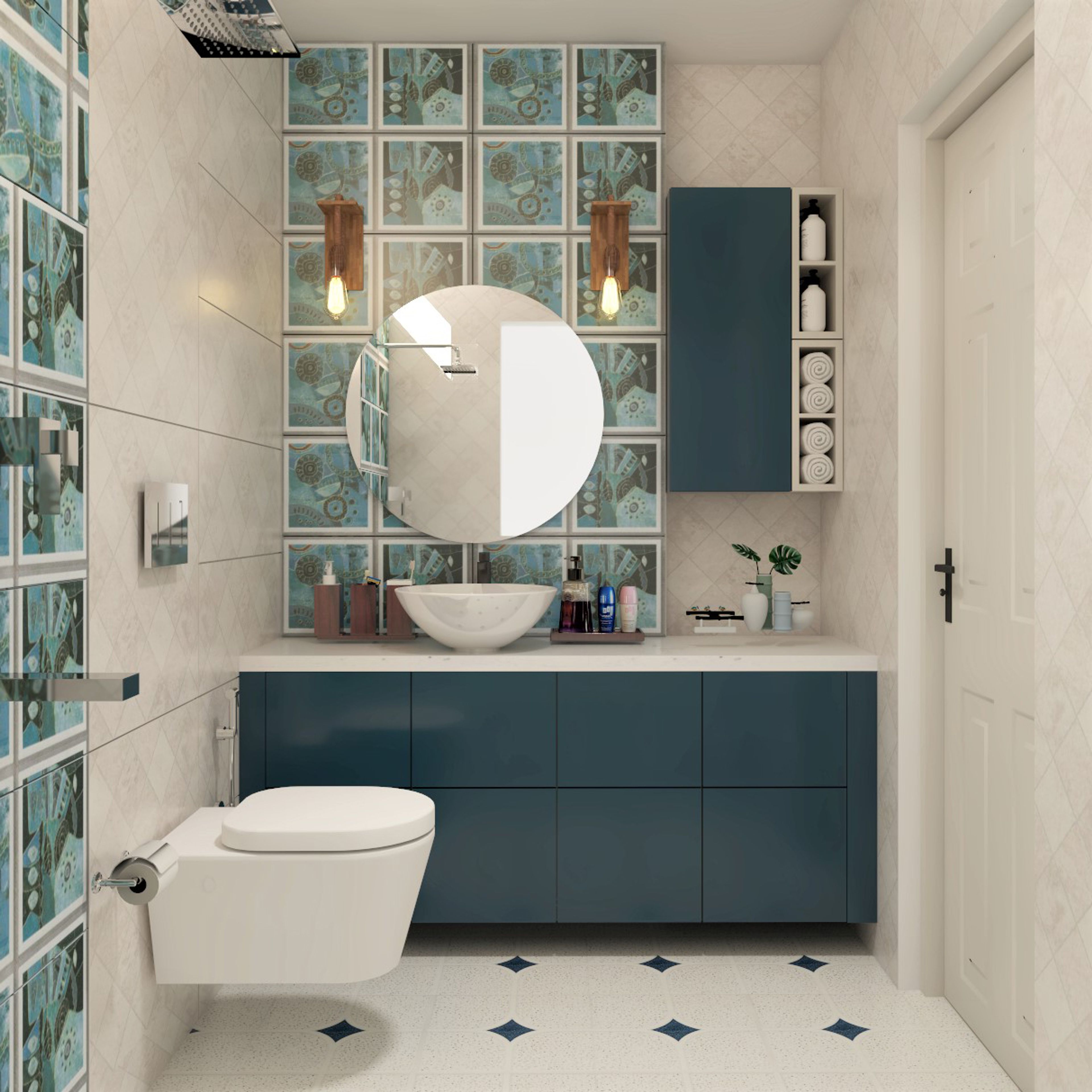 Bathroom Design with Blue Cabinetry, Patterned Wall Tiles, Round Mirror, and Geometric Flooring