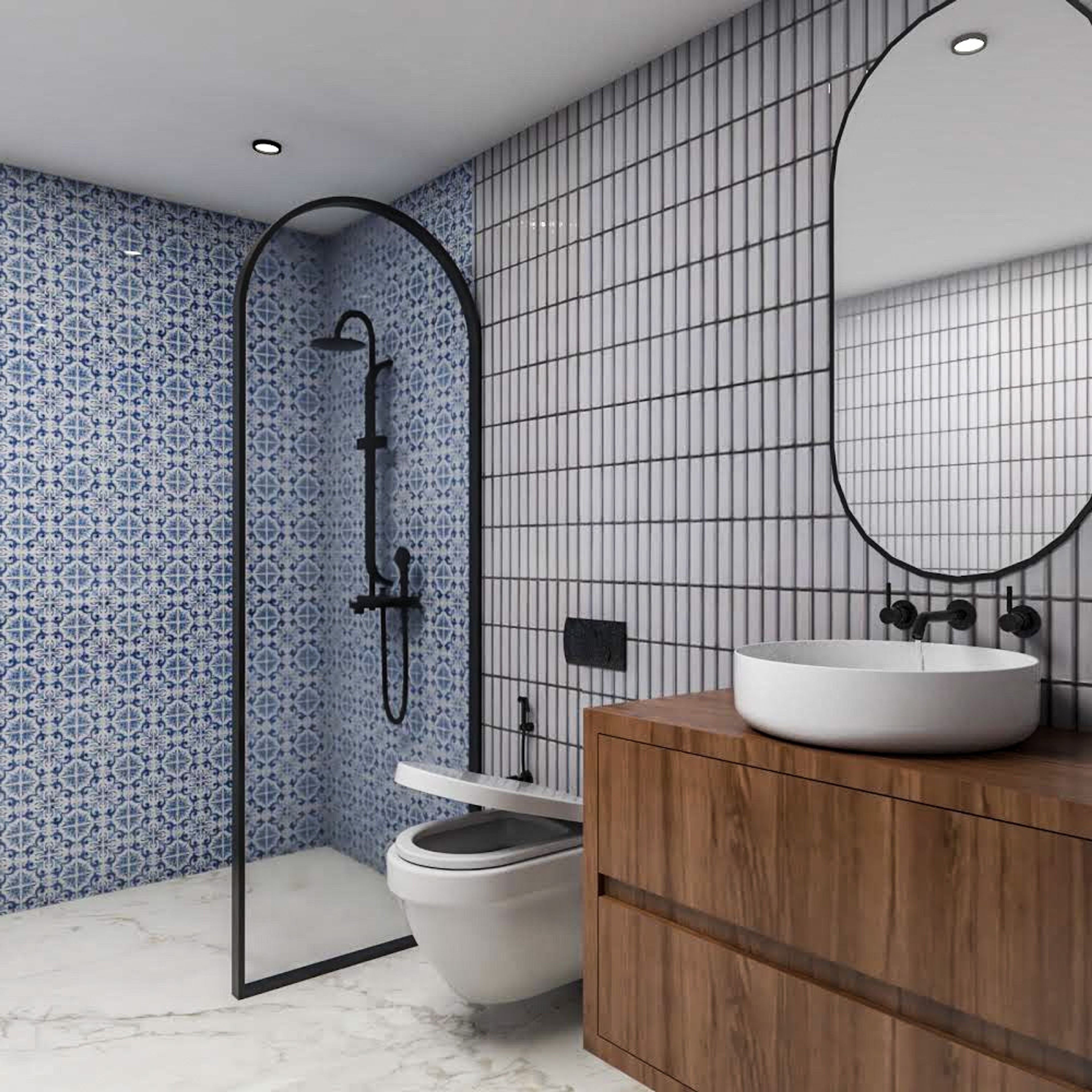 Bathroom Design with Patterned Tiles, Oval Mirrors, Wooden Vanity, Black Fixtures, Glass Partitioned Open Shower Layout