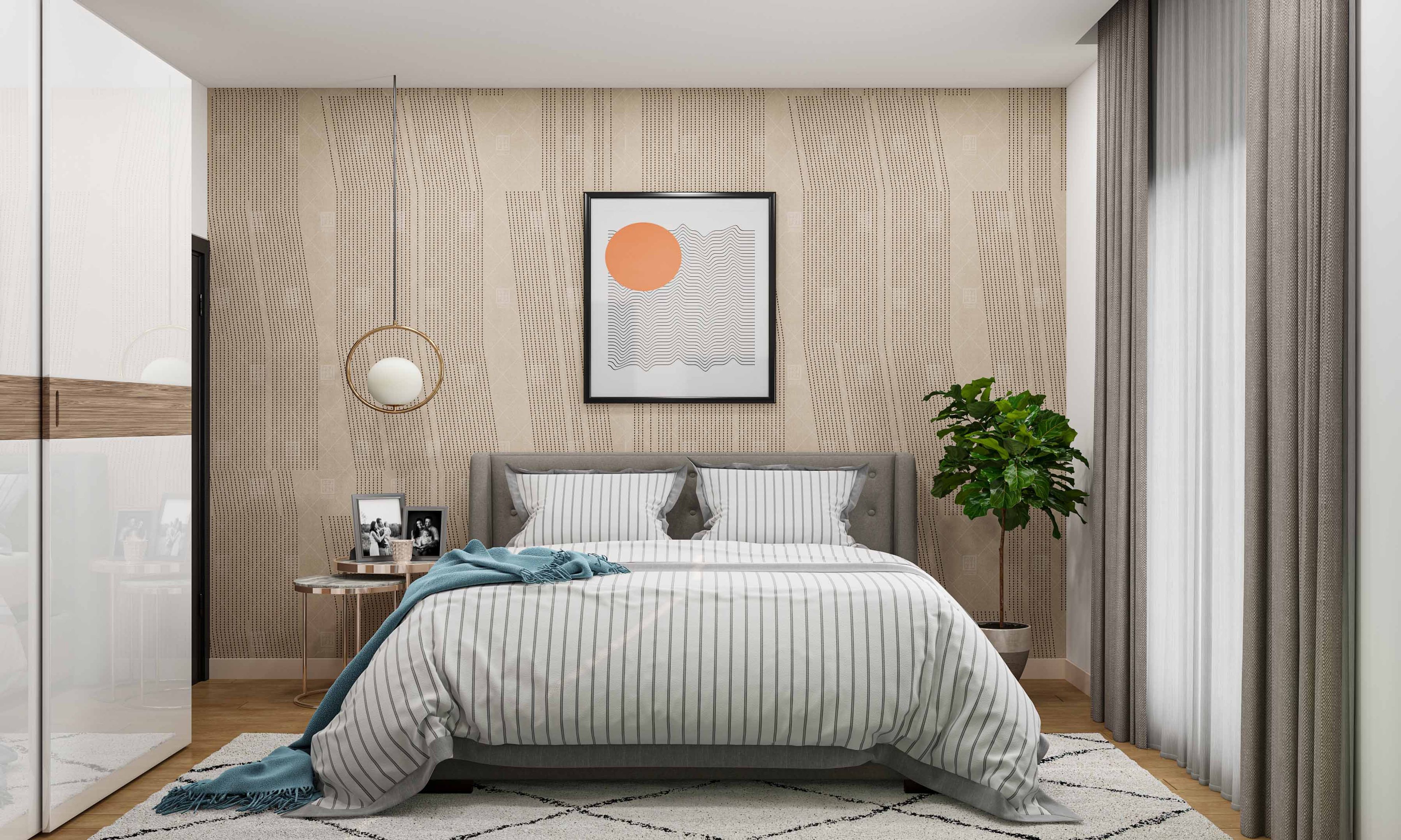 Master Bedroom Design with Textured Wallpaper with Vertical Linear Patterns, Wooden Flooring, and 2-Door Sliding Wardrobe