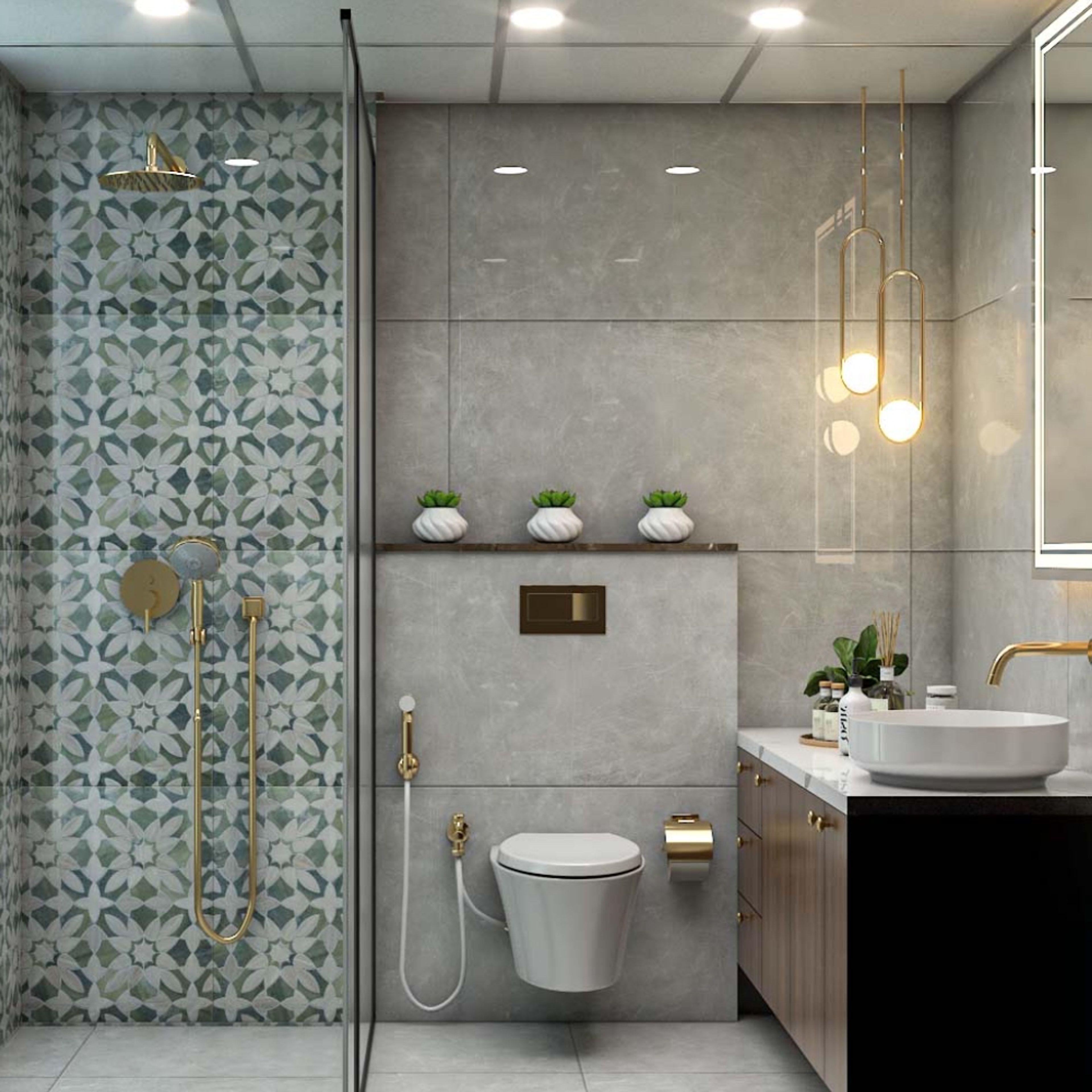 Bathroom Design with Grey Marble Wall, Hanging Lights, Rectangular Mirror, Glass Partition Shower Area, and Dark Wooden Cabinets