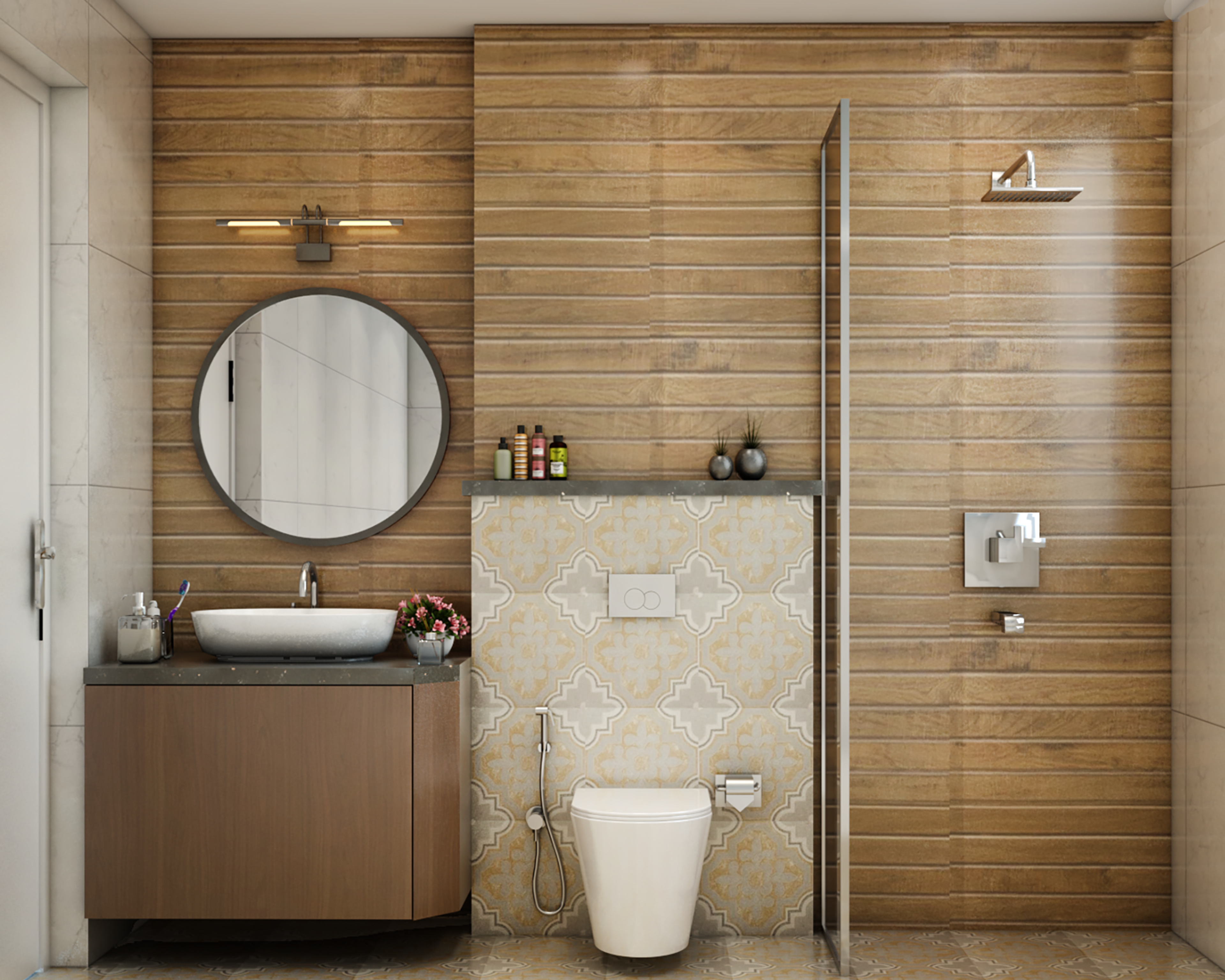 Bathroom Design with Wooden Accent Marble Wall, Round Mirror, Glass Partition Shower Area, and Dark Wooden Cabinets