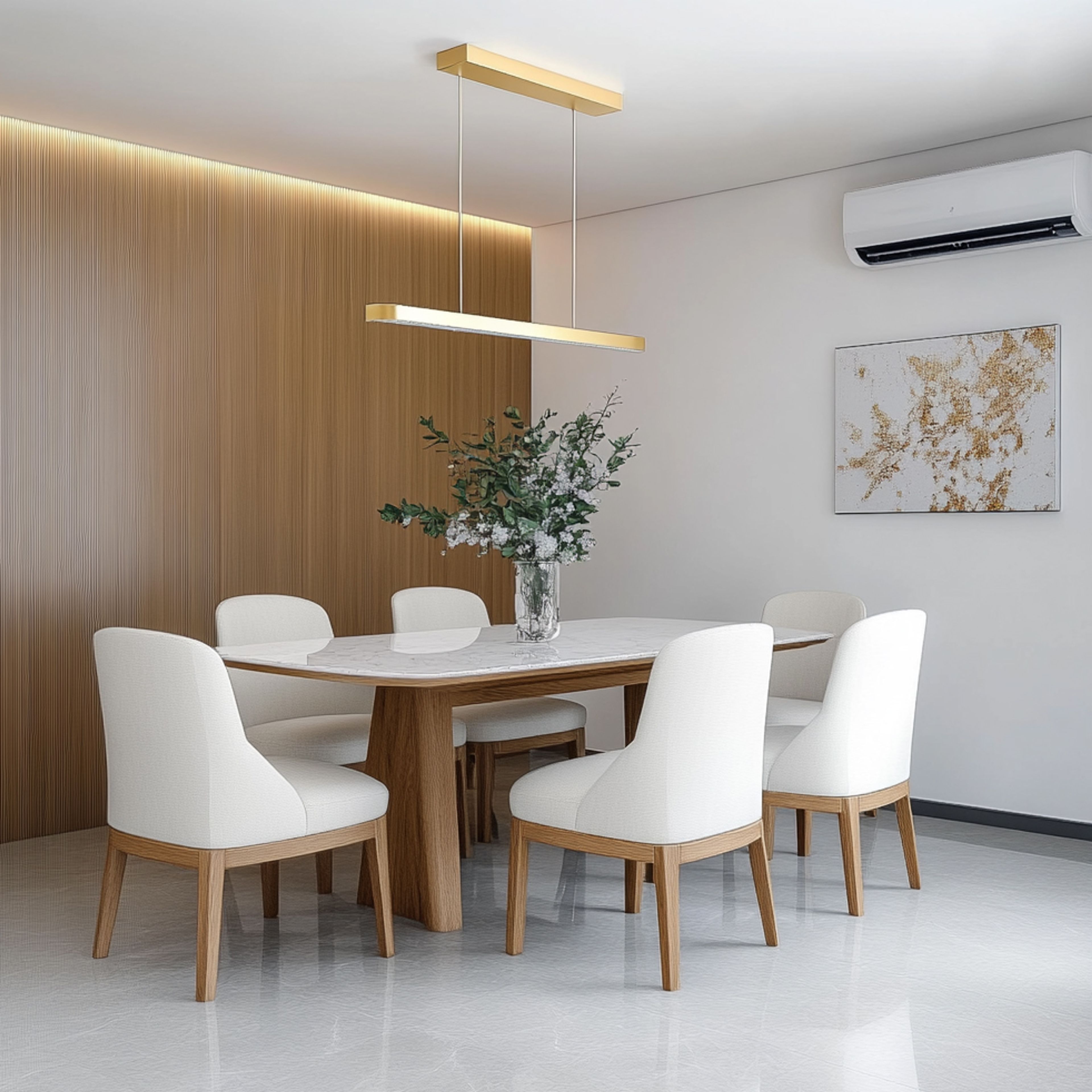 6-Seater Dining Room Design with Marble Top Table, White Chairs, and Wooden Wall