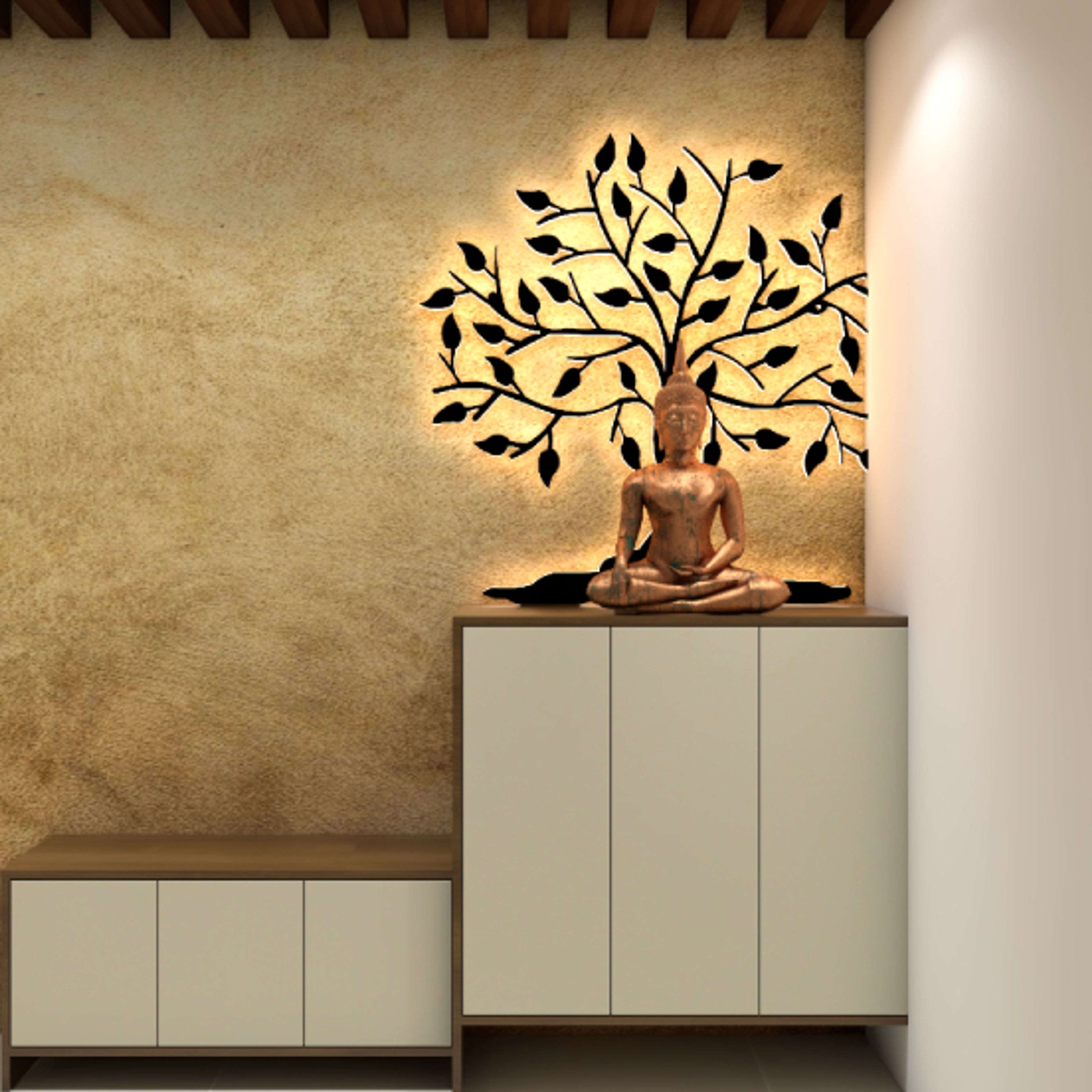 Foyer Design with Two Wall Cabinets for Shoe Storage, Textured Wall and Buddha Decor