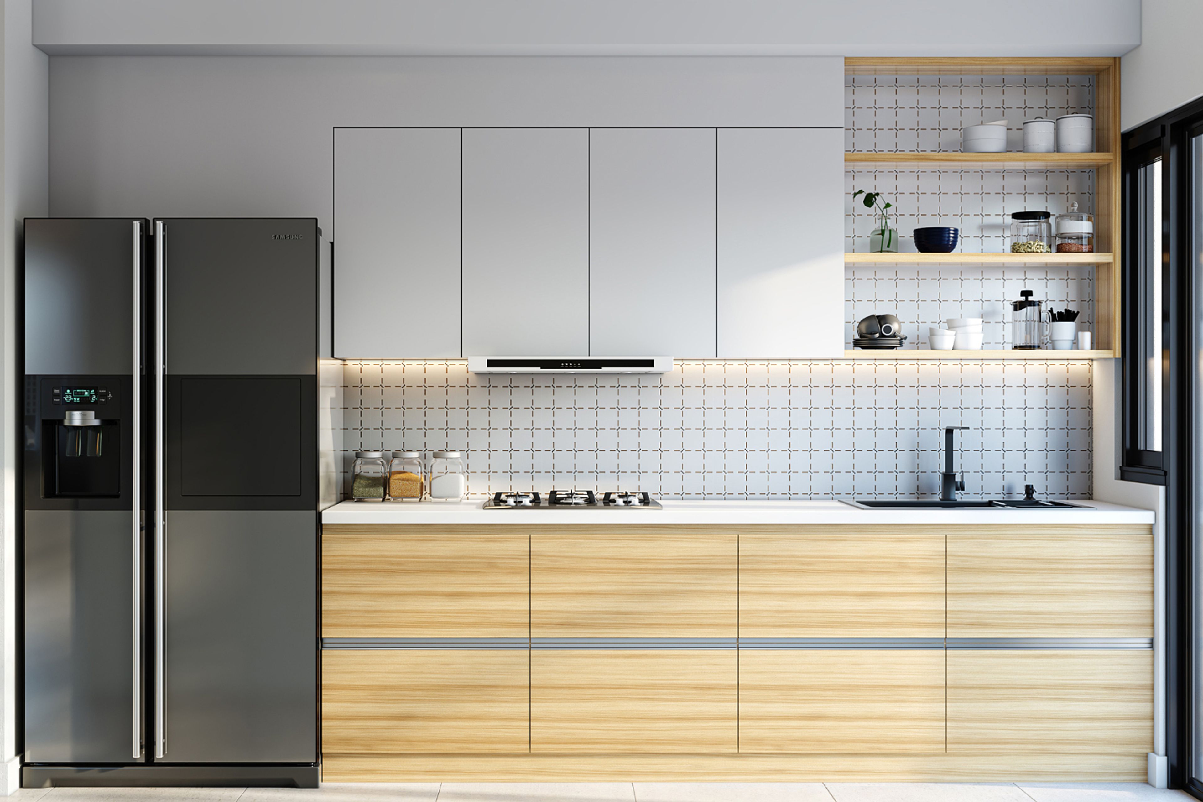 Parallel Modular Kitchen Design with Open Wooden Shelves and Under Cabinet Lighting
