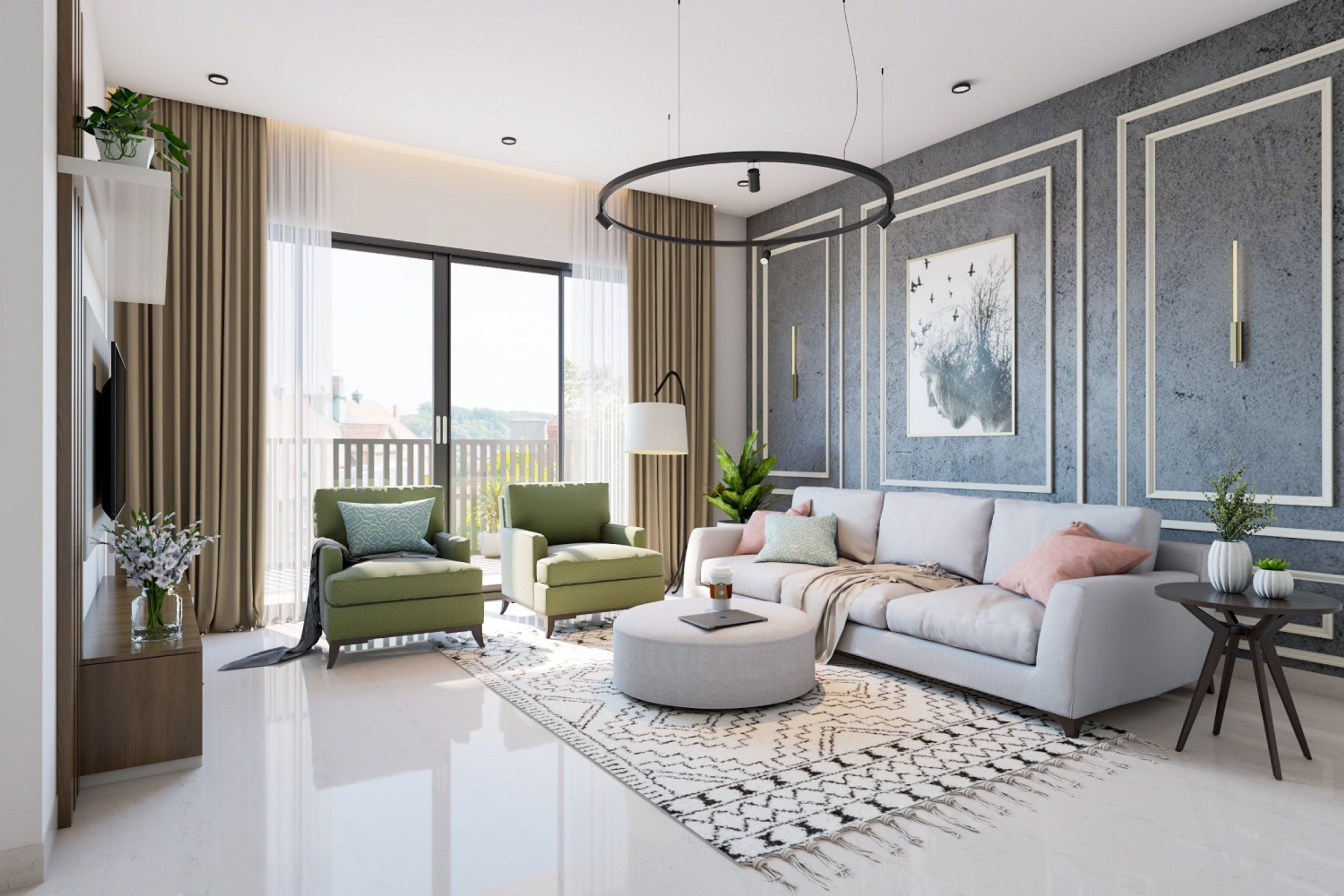 Living Room Design with 3-Seater Light Grey Sofa, 2 Green Accent Chairs, Dark Grey Textured Wall with White Trims, and Wooden TV Unit