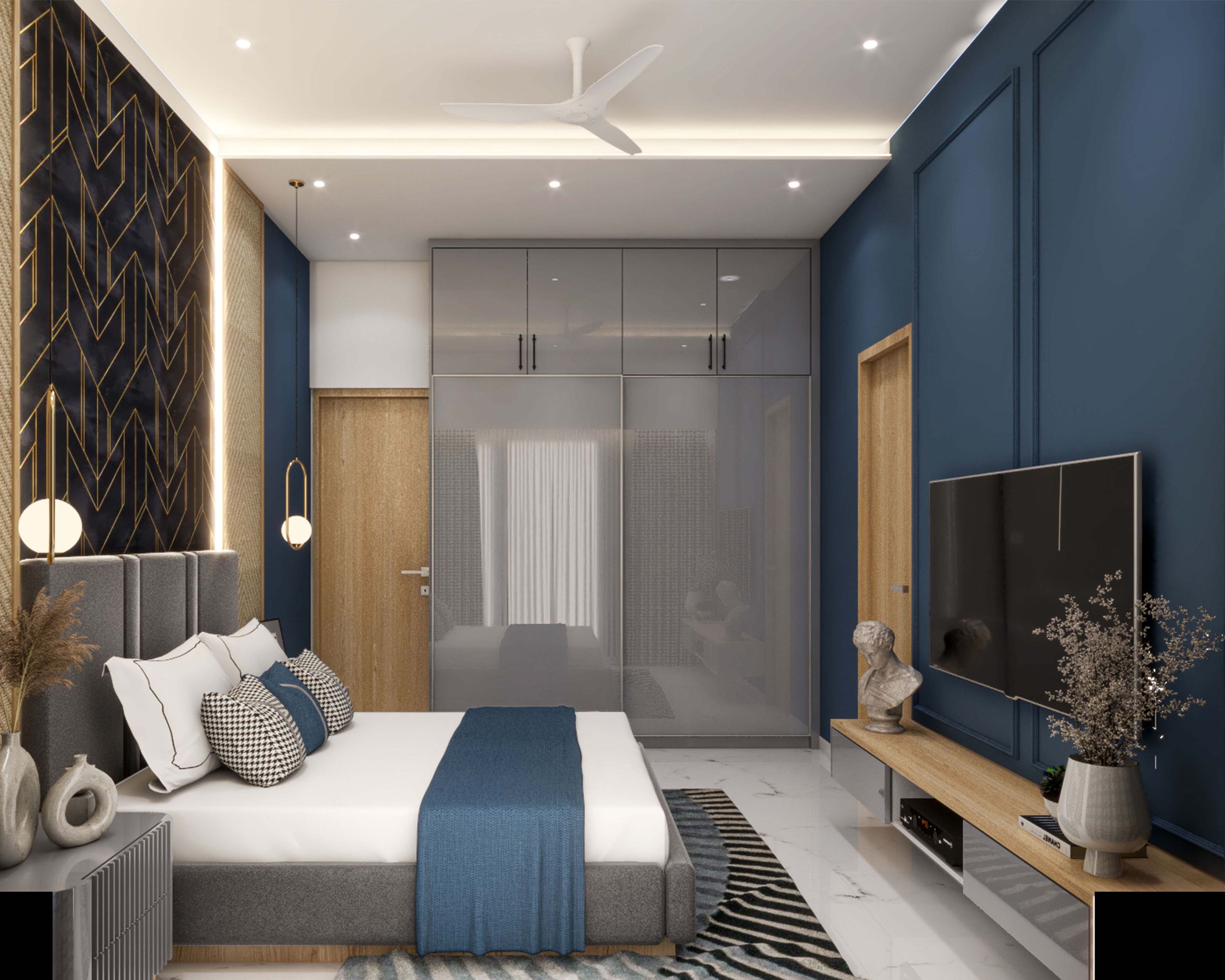 Master Bedroom Design with Dark Blue Walls, Wooden TV Unit, and Patterned Gold and Black Wall
