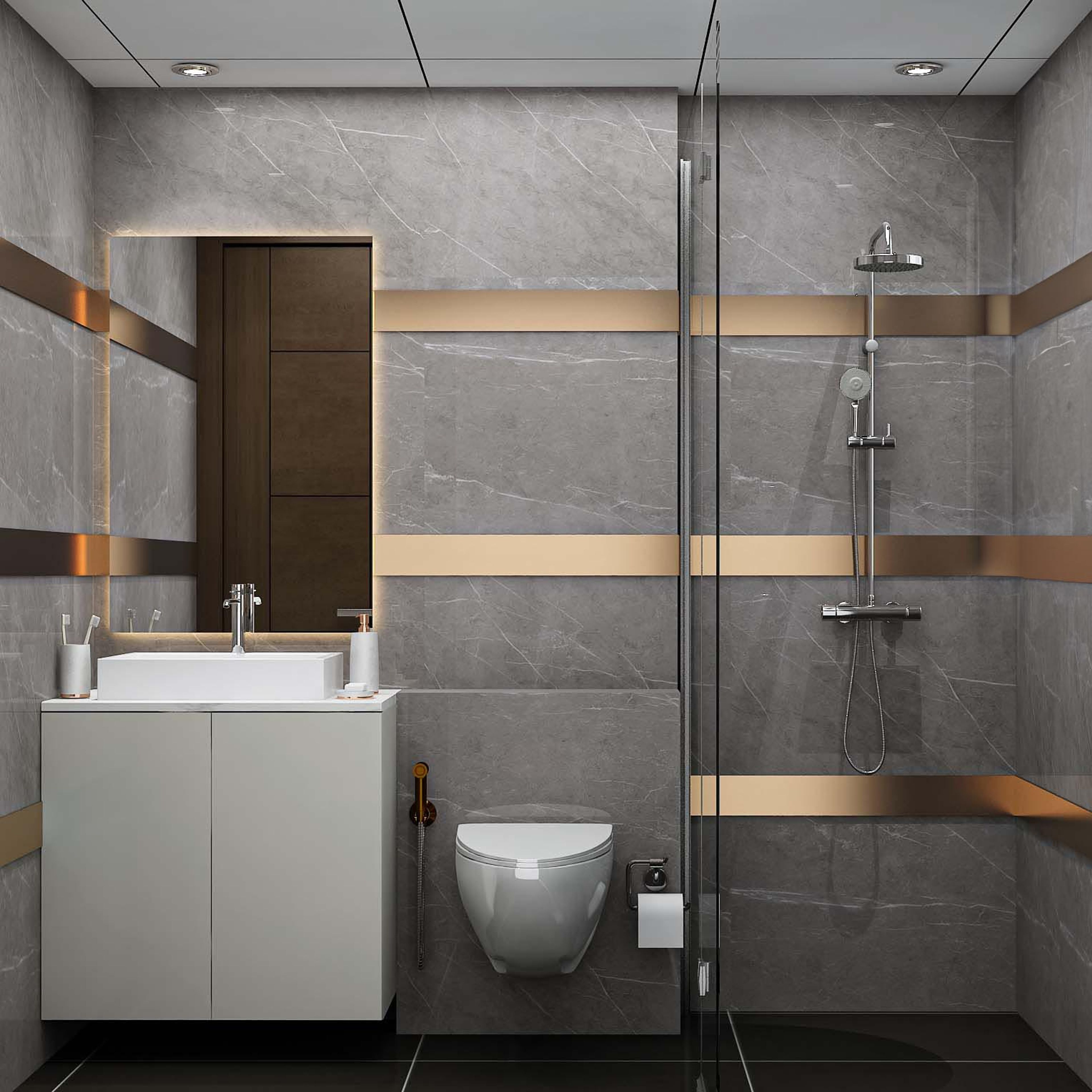 Grey Bathroom Design with Glass Partition Shower Area, Rectangular Mirror and Cabinet