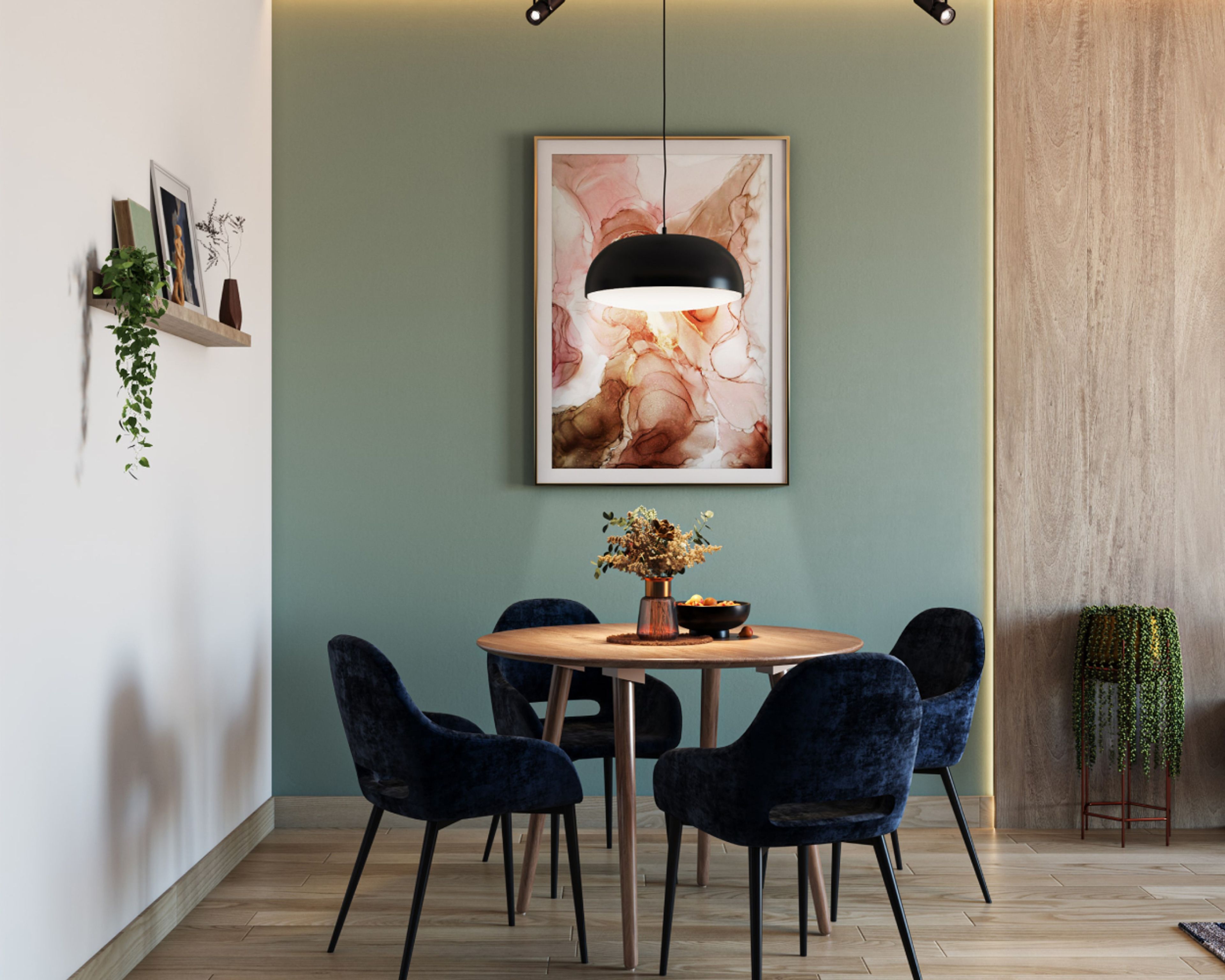 Dining Room Design with 4-Seater Dining Table with Dark Blue Velvet Chairs and Mint Green Walls