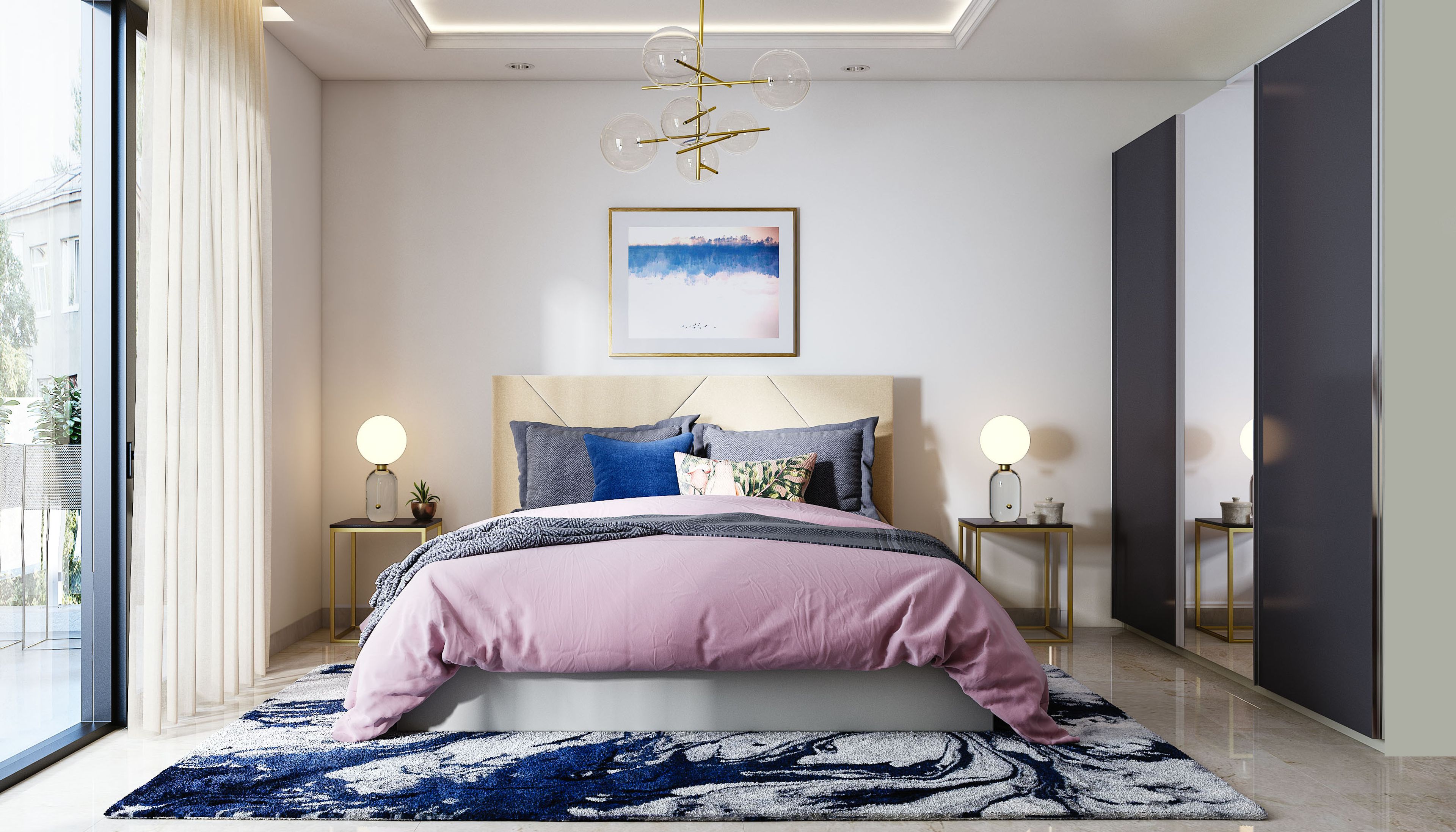 Guest Bedroom Design with 3-Door Sliding wardrobe, Chandelier, and Cove Lights
