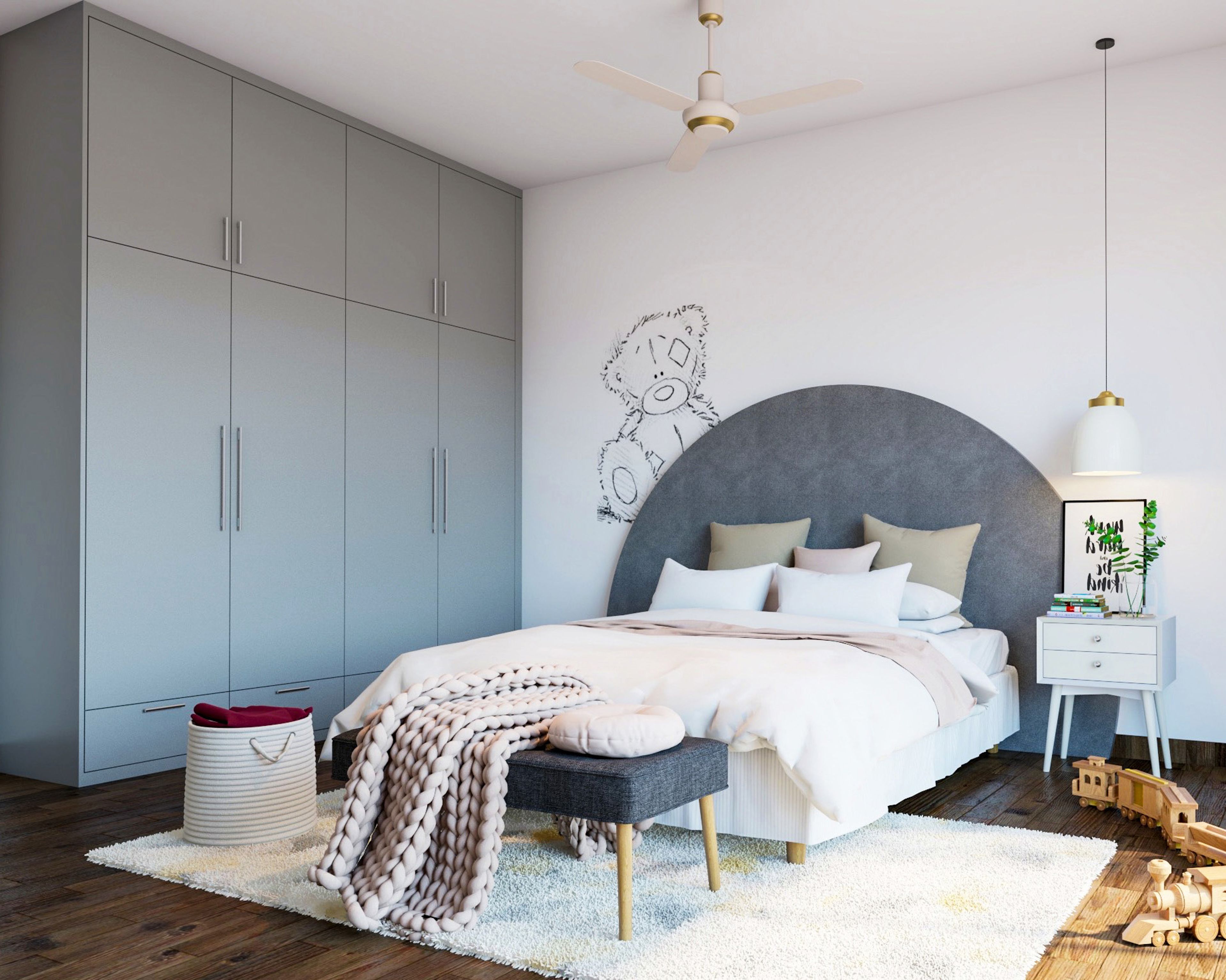 Kids Bedroom Design with Grey 4-Door Wardrobe, Bear Wallpaper and Arched Grey Wall