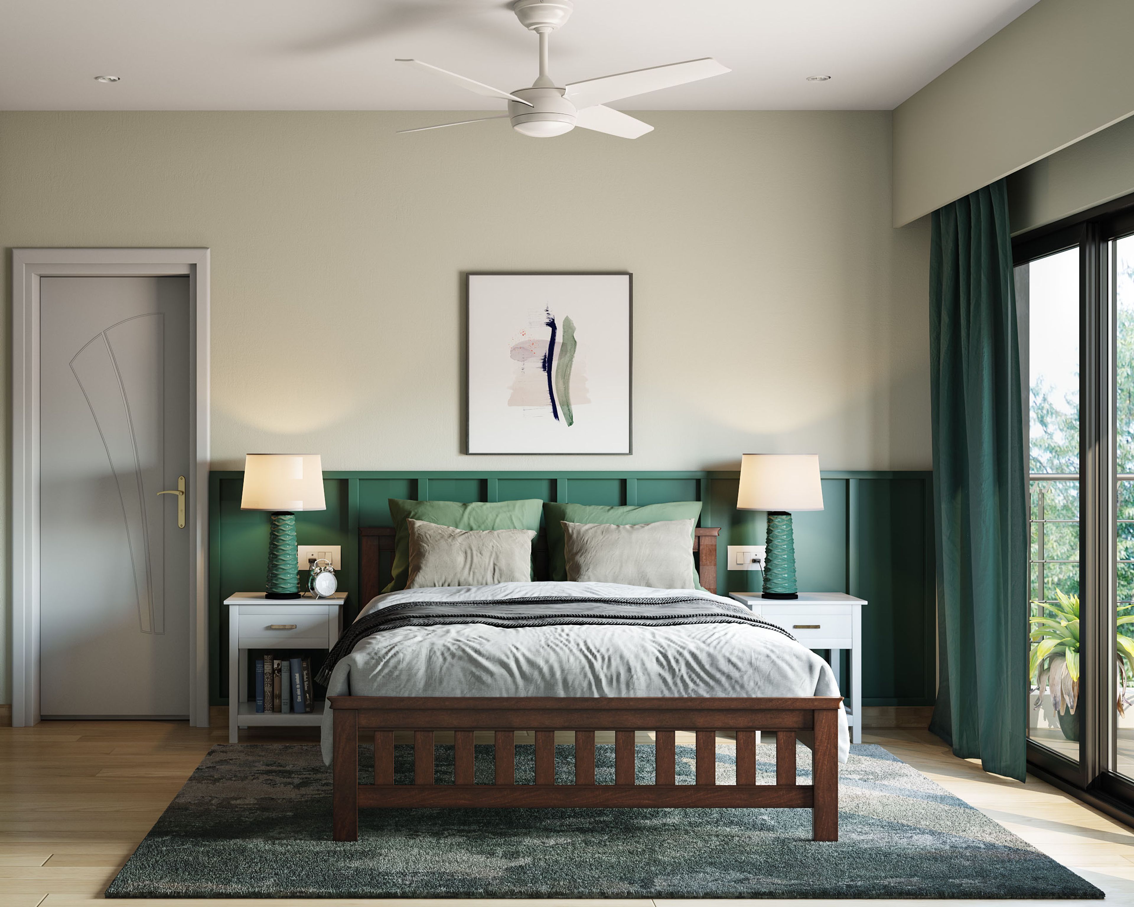 Master Bedroom Design with Off-White and Panelled Green Wall