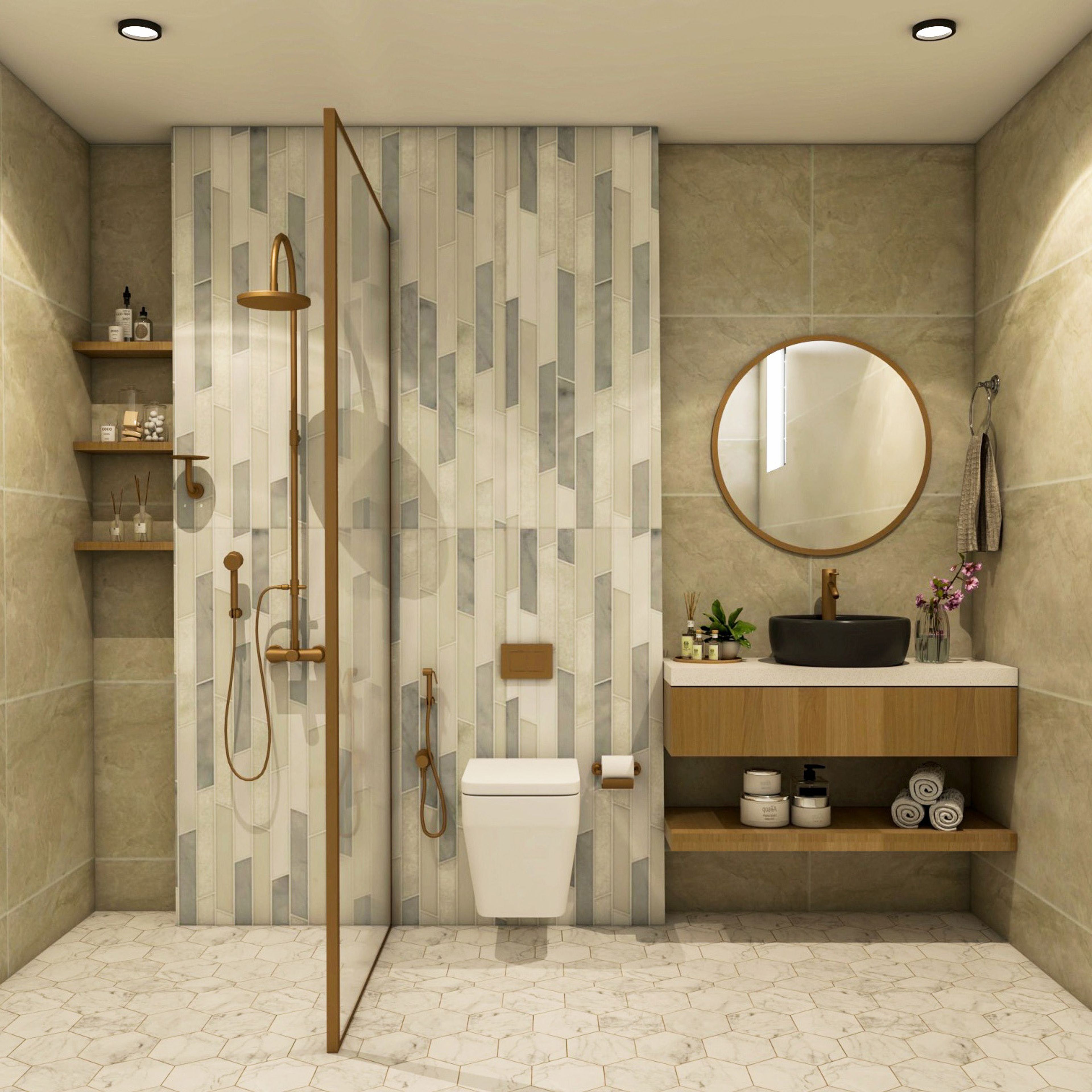 Bathroom Design with Glass Partition Shower Area, Round Mirror, Open Shelf and Wooden Drawers