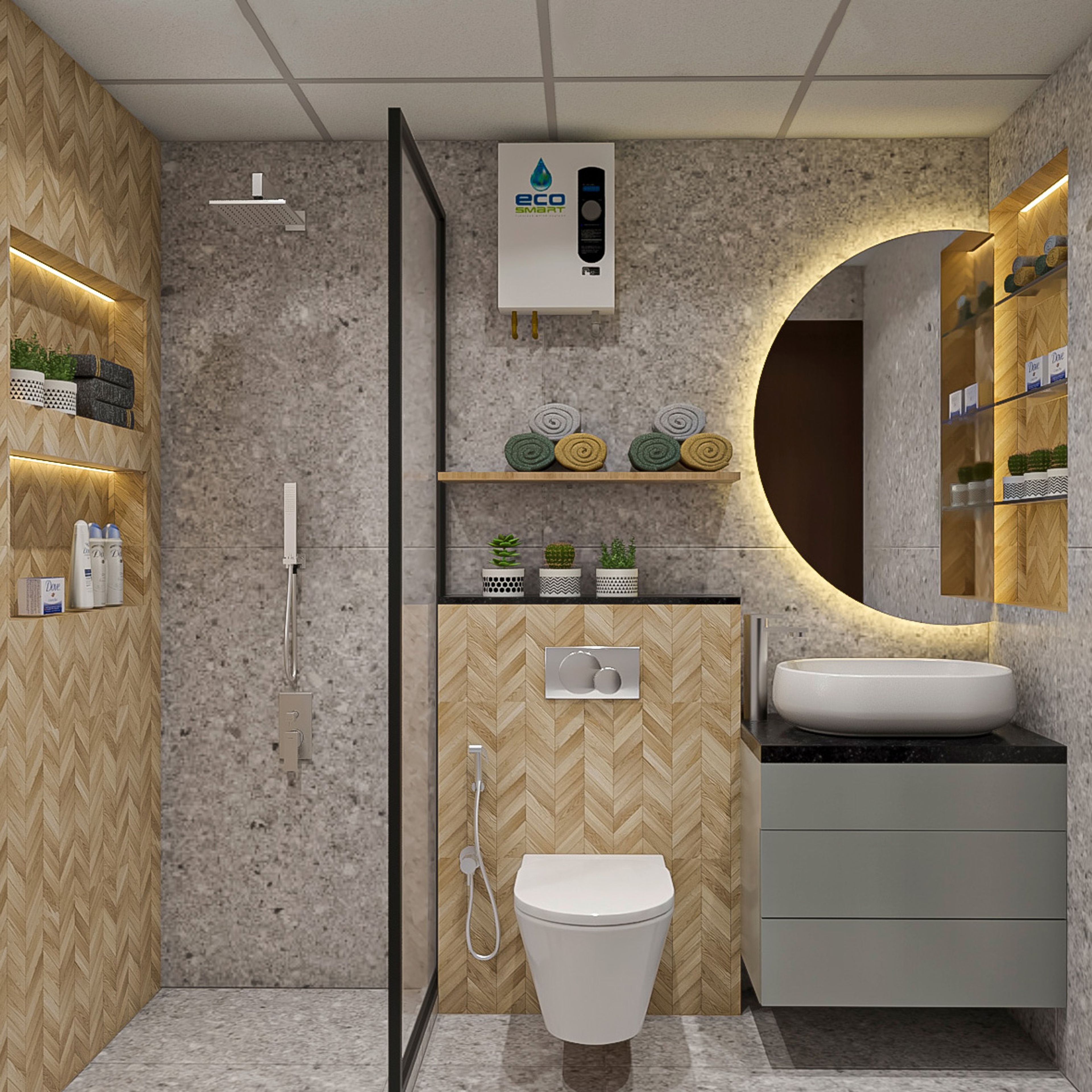 Bathroom Design with Glass Partition Shower Area, Crescent Moon Shaped Mirror with Cove Light, and Grey Drawers