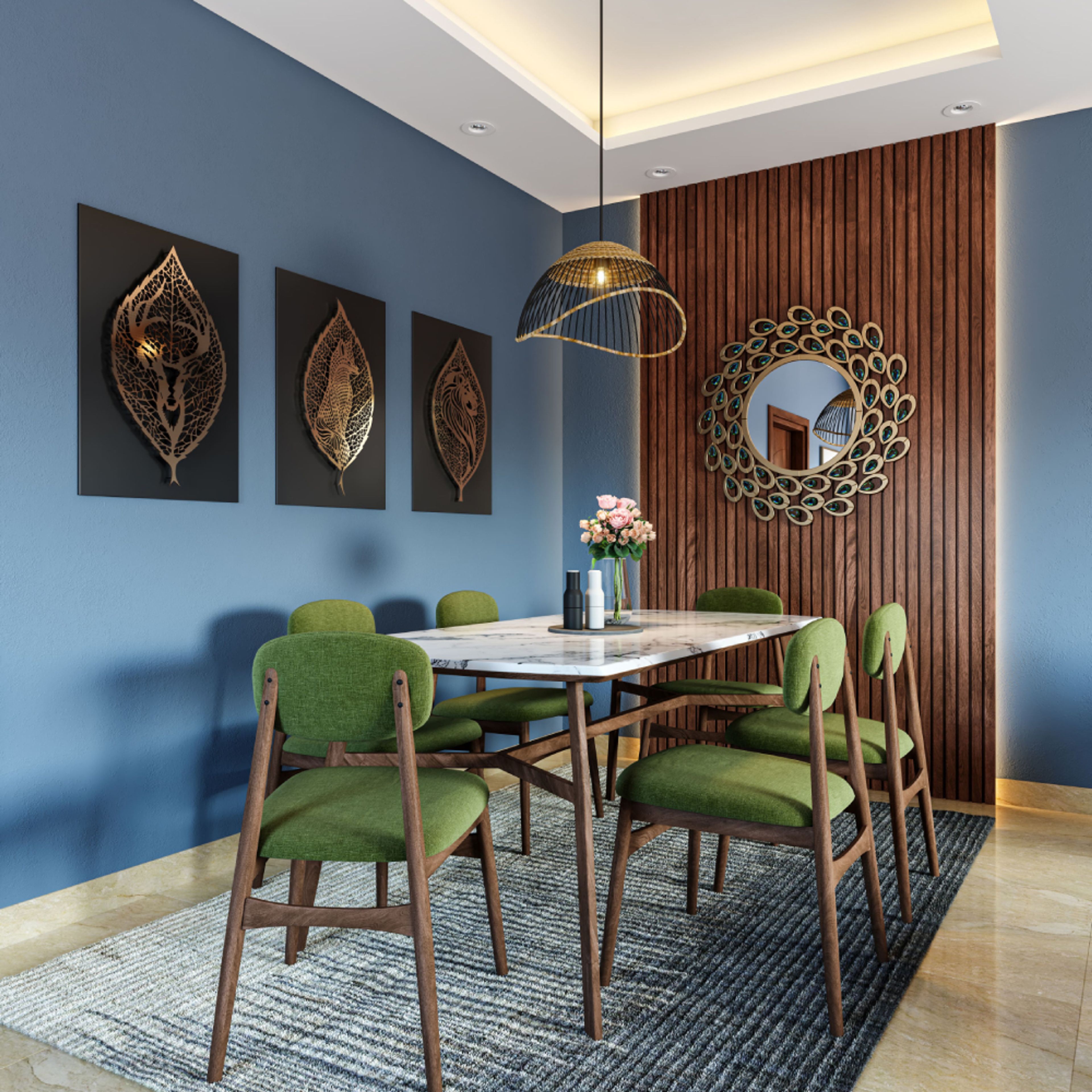 6-Seater Dining Room Design with Marble Top Table, Green Chairs, Wooden Panel Wall with Art