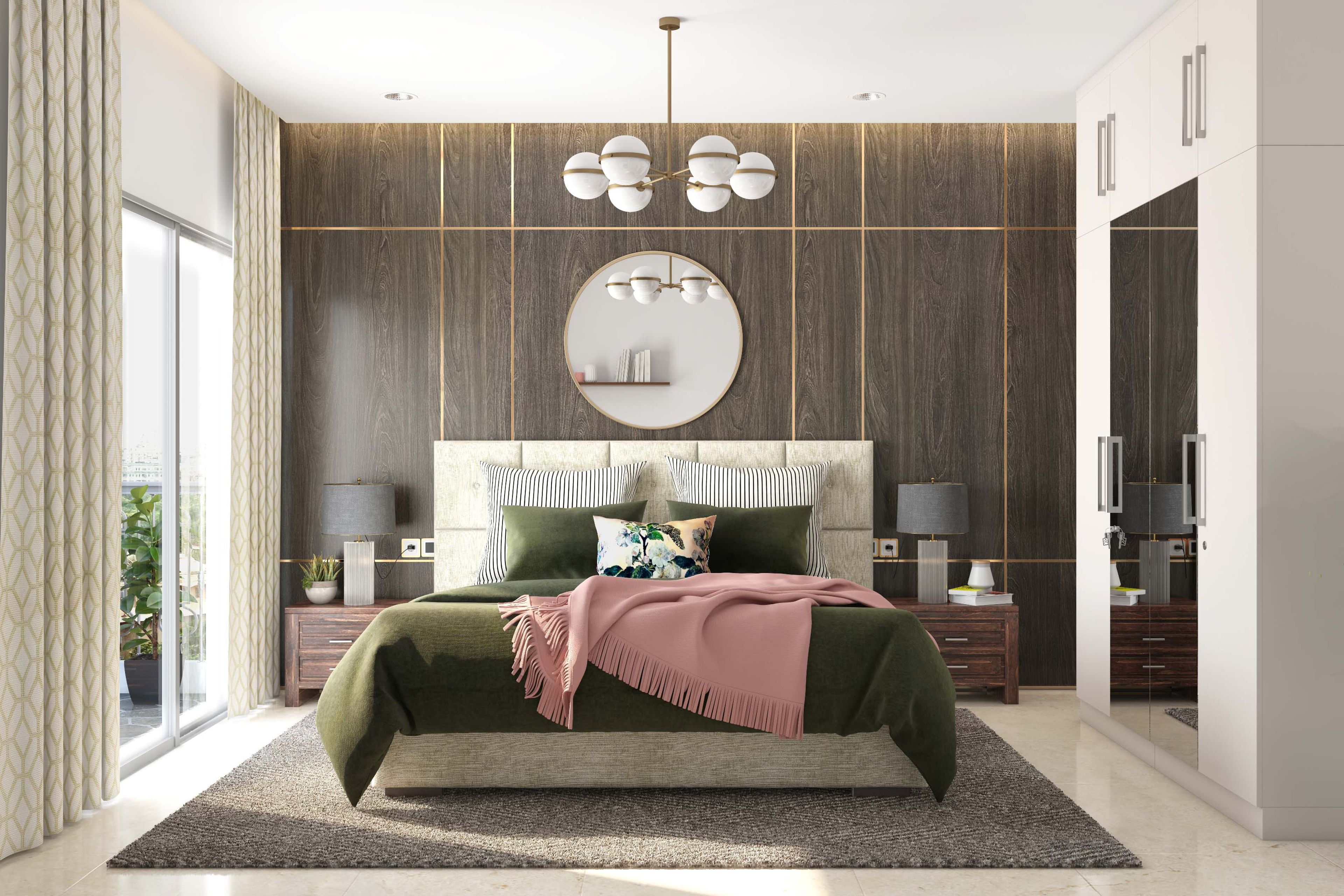 Guest Bedroom Design with Dark Wood Wall with Golden Trim Lines, Chandelier, and 4-Door Swing Wardrobe
