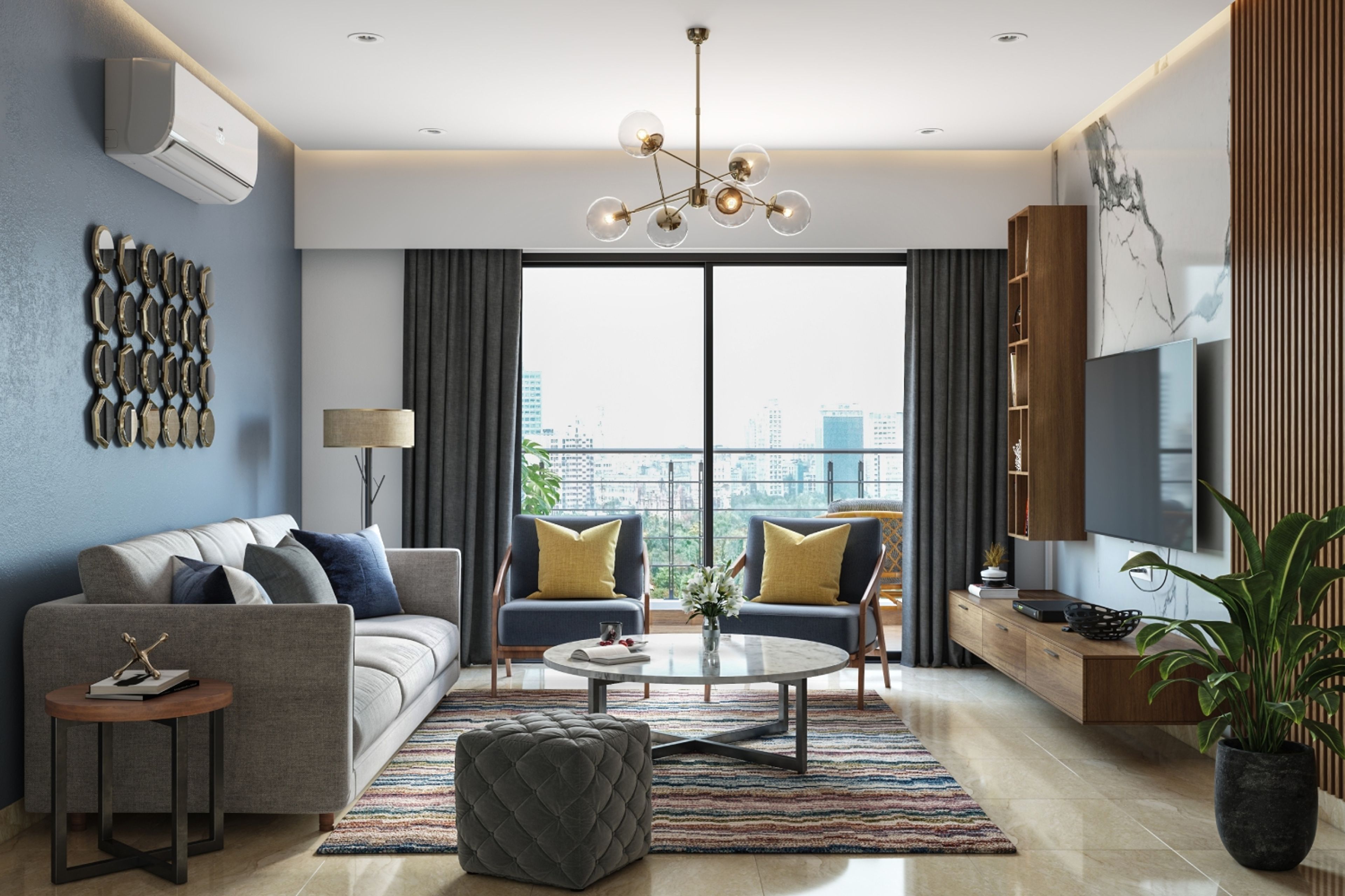 Living Room Design with 3-Seater Grey Sofa, 2 Accent Chairs, Ottoman, TV Unit with Wooden Wall Unit and Drawers